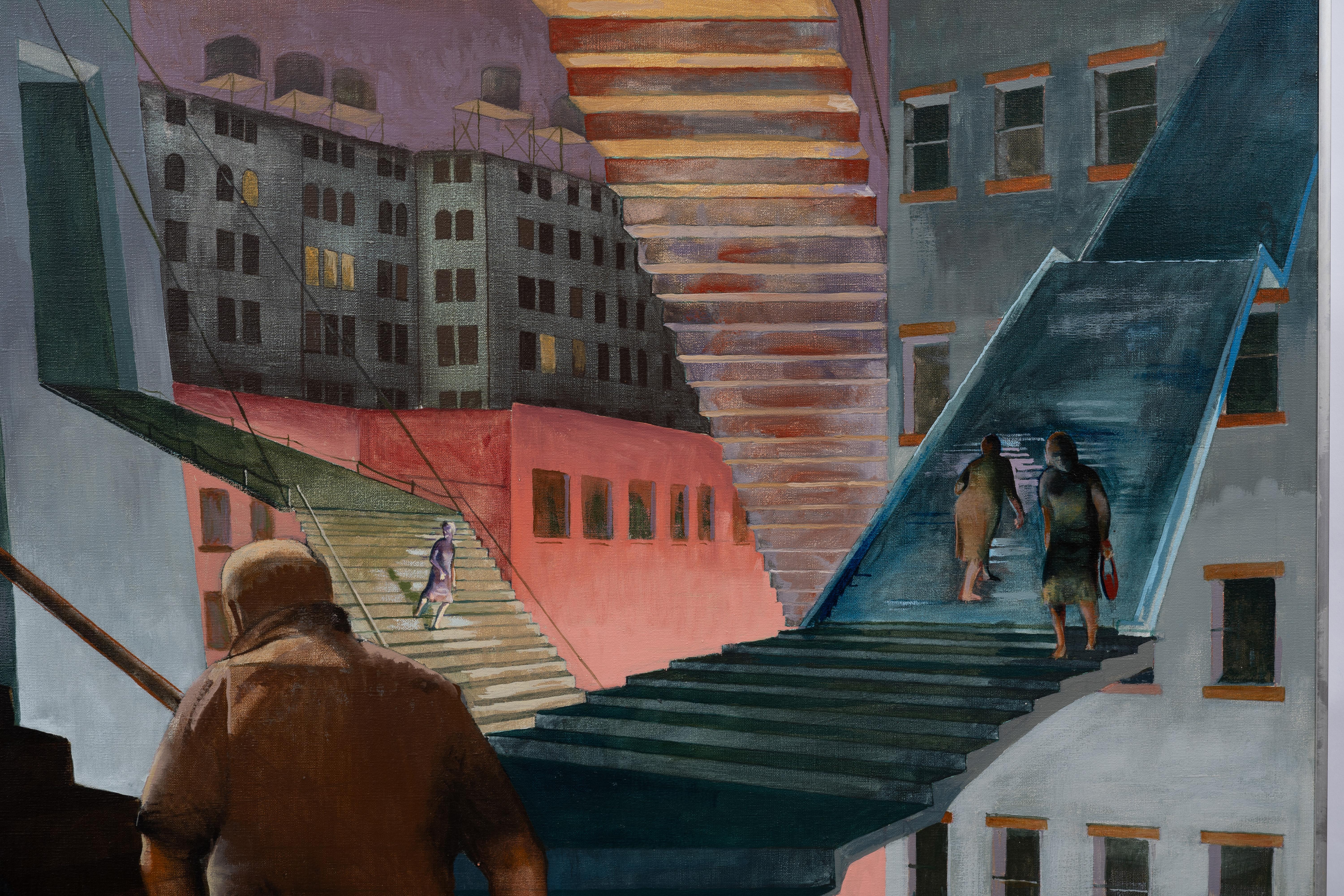 Vintage Modernista Americano New York City Surreale Scena di strada Pittura ad olio 1