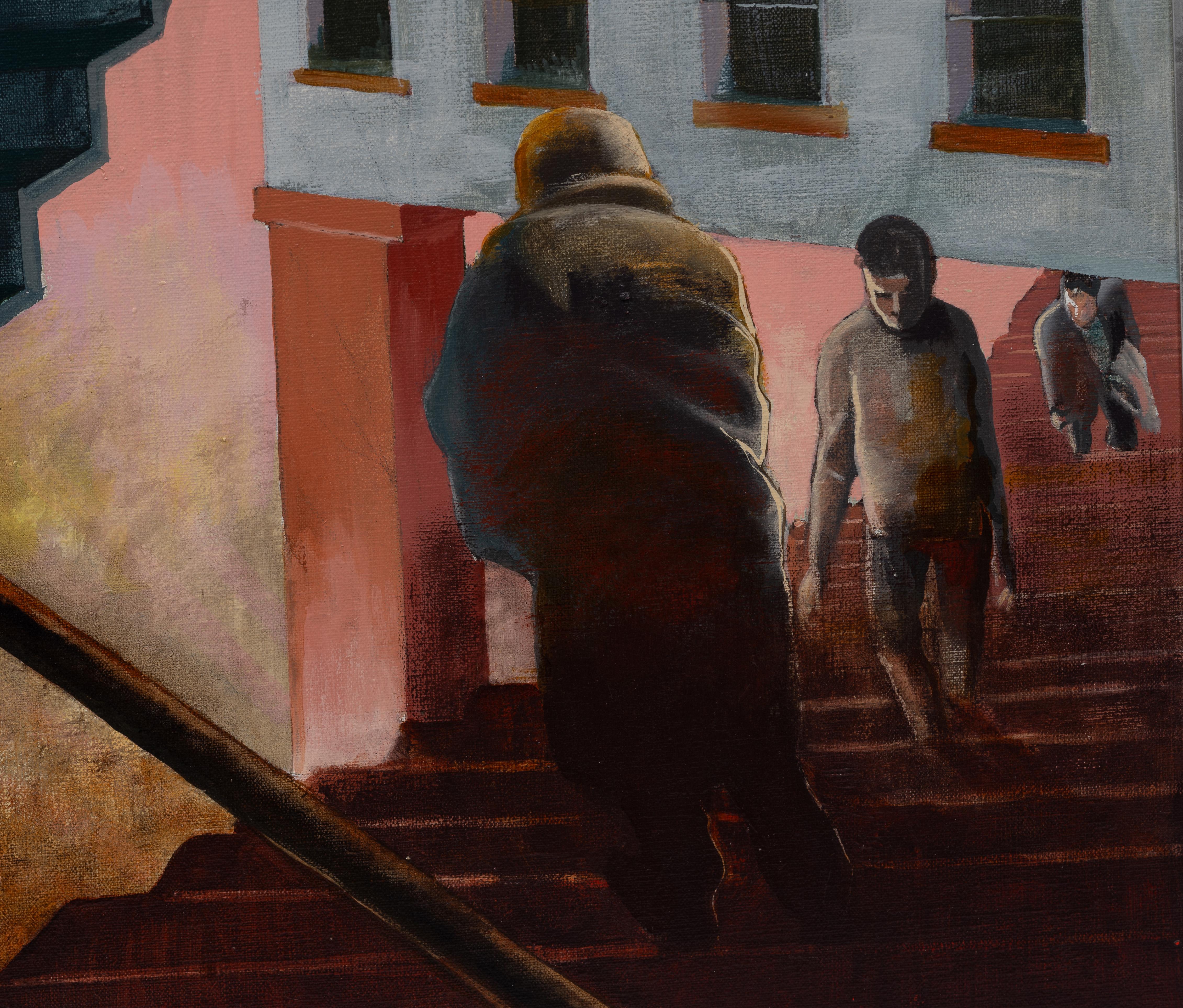 Vintage Modernista Americano New York City Surreale Scena di strada Pittura ad olio 2