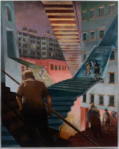 Vintage American Modernist New York City Surreal Street Scene Oil Painting