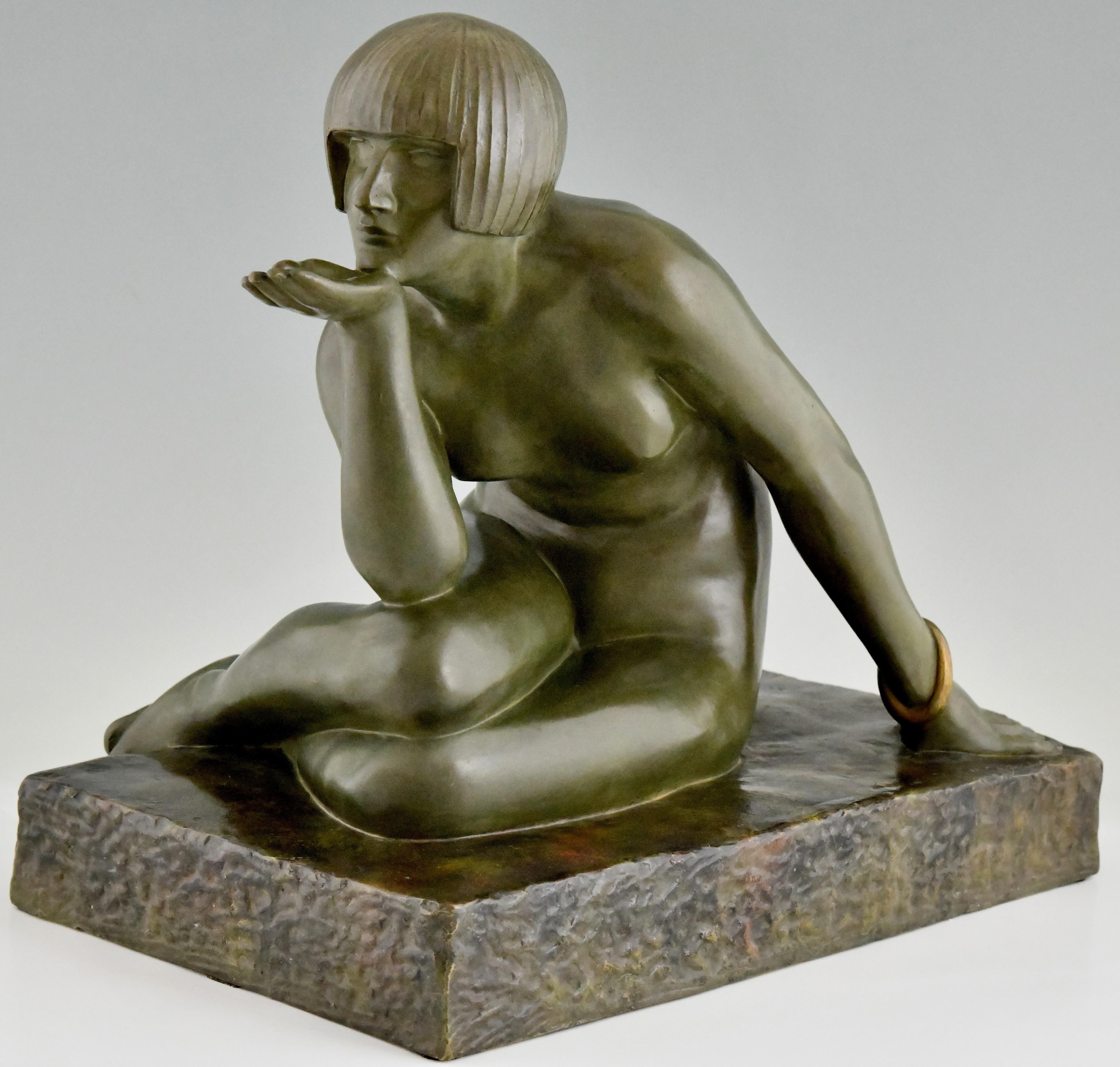 Enigma Art Deco bronze sculpture seated nude with bracelet by Maurice Guiraud Rivière.
With Les Neveux de Lehmann Paris Foundry seal. Numbered. 
Presented at the Exhibition of 1925.

This sculpture is illustrated in:
Art Deco sculpture by Victor