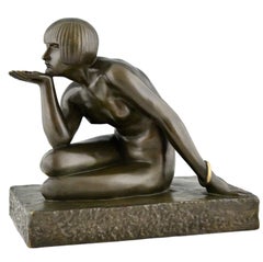 Enigma Art Deco bronze sculpture seated nude with bracelet by Guiraud Rivière