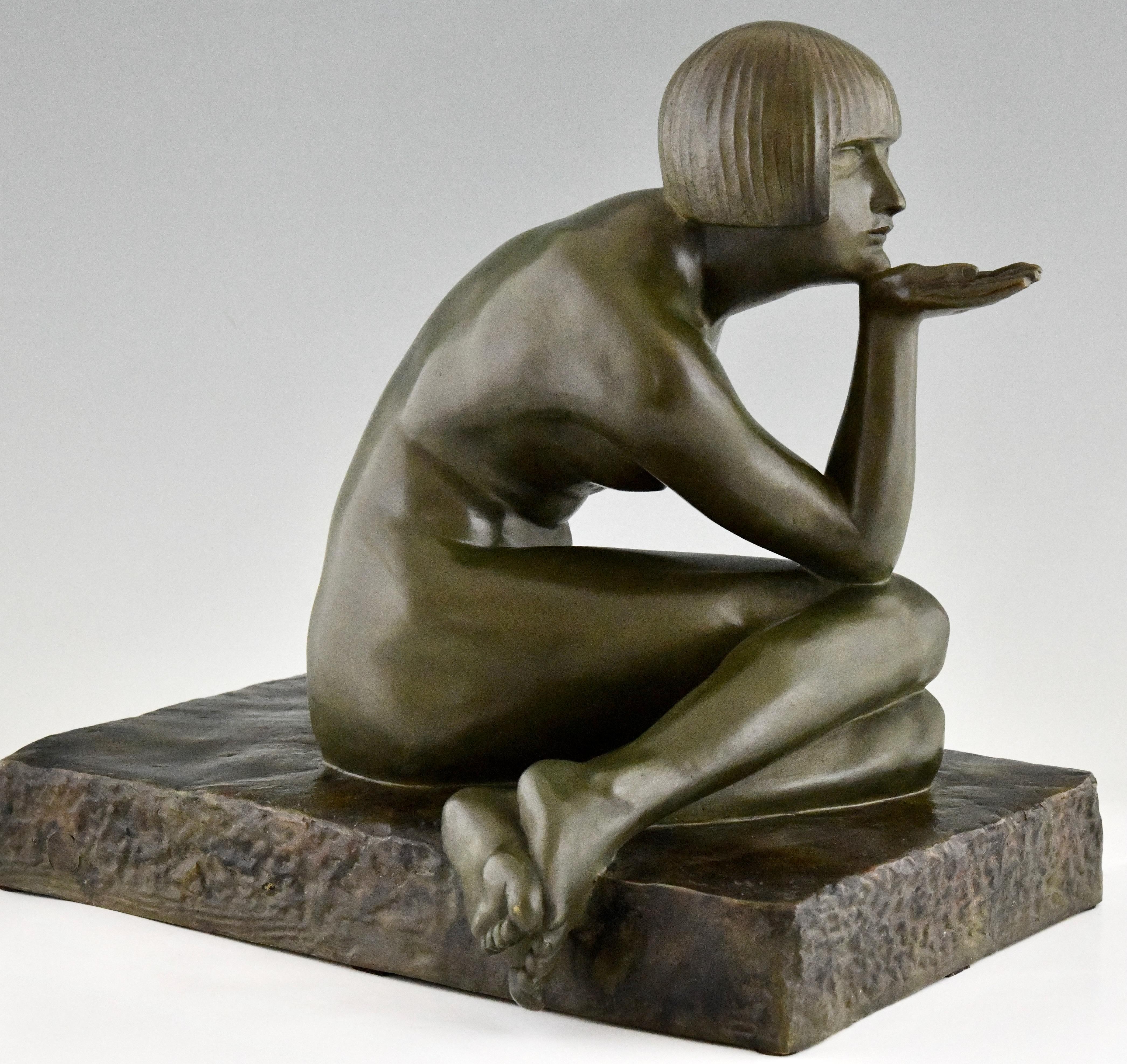 French Enigma Art Deco bronze sculpture seated nude with bracelet by Guiraud Rivière For Sale