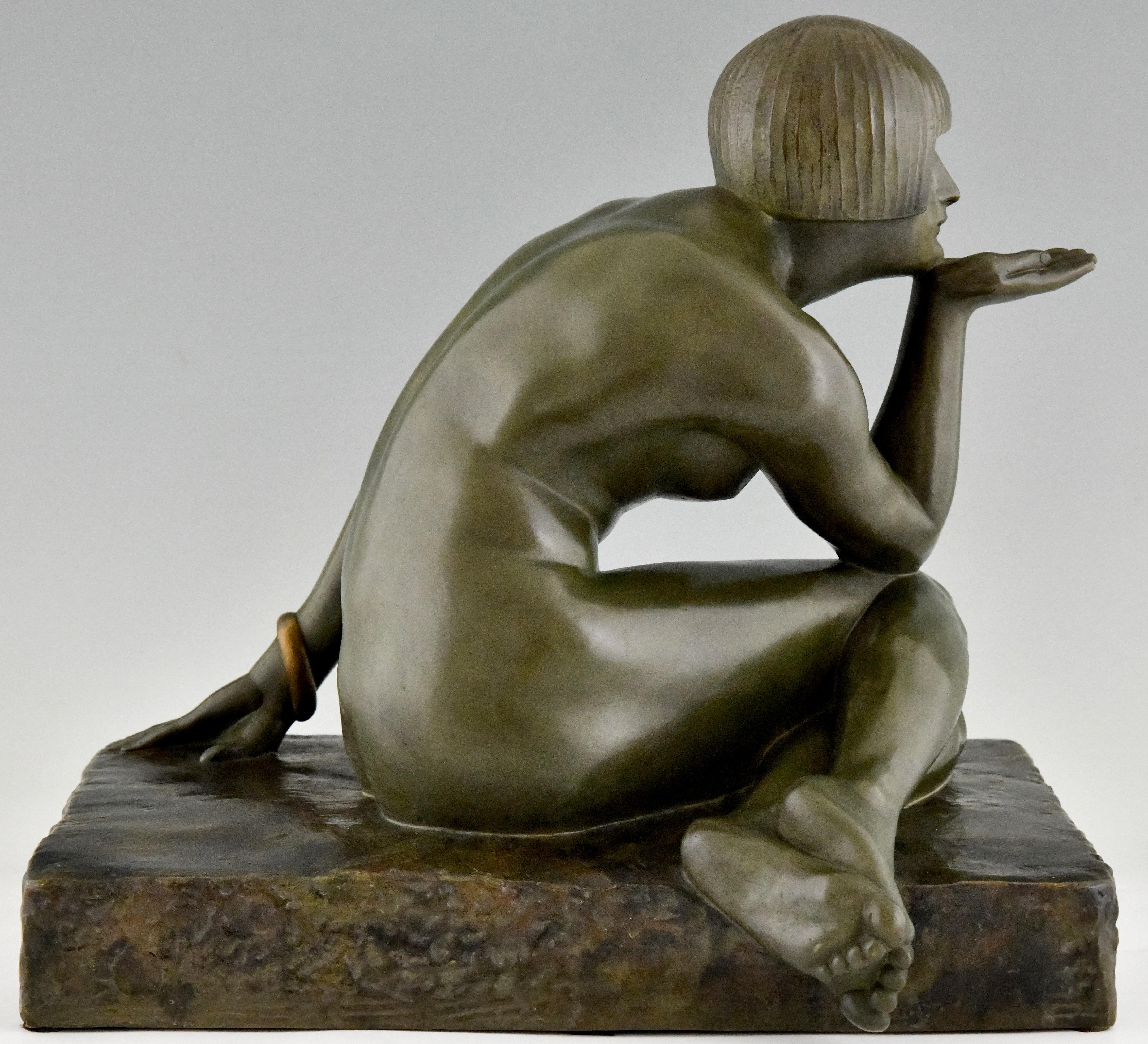 French Enigma Art Deco bronze sculpture seated nude with bracelet by Guiraud Rivière
