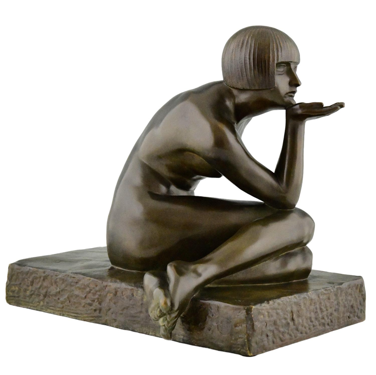 Enigma scultura in bronzo Art Déco nudo seduto con bracciale di Guiraud Rivière In condizioni buone in vendita a Antwerp, BE