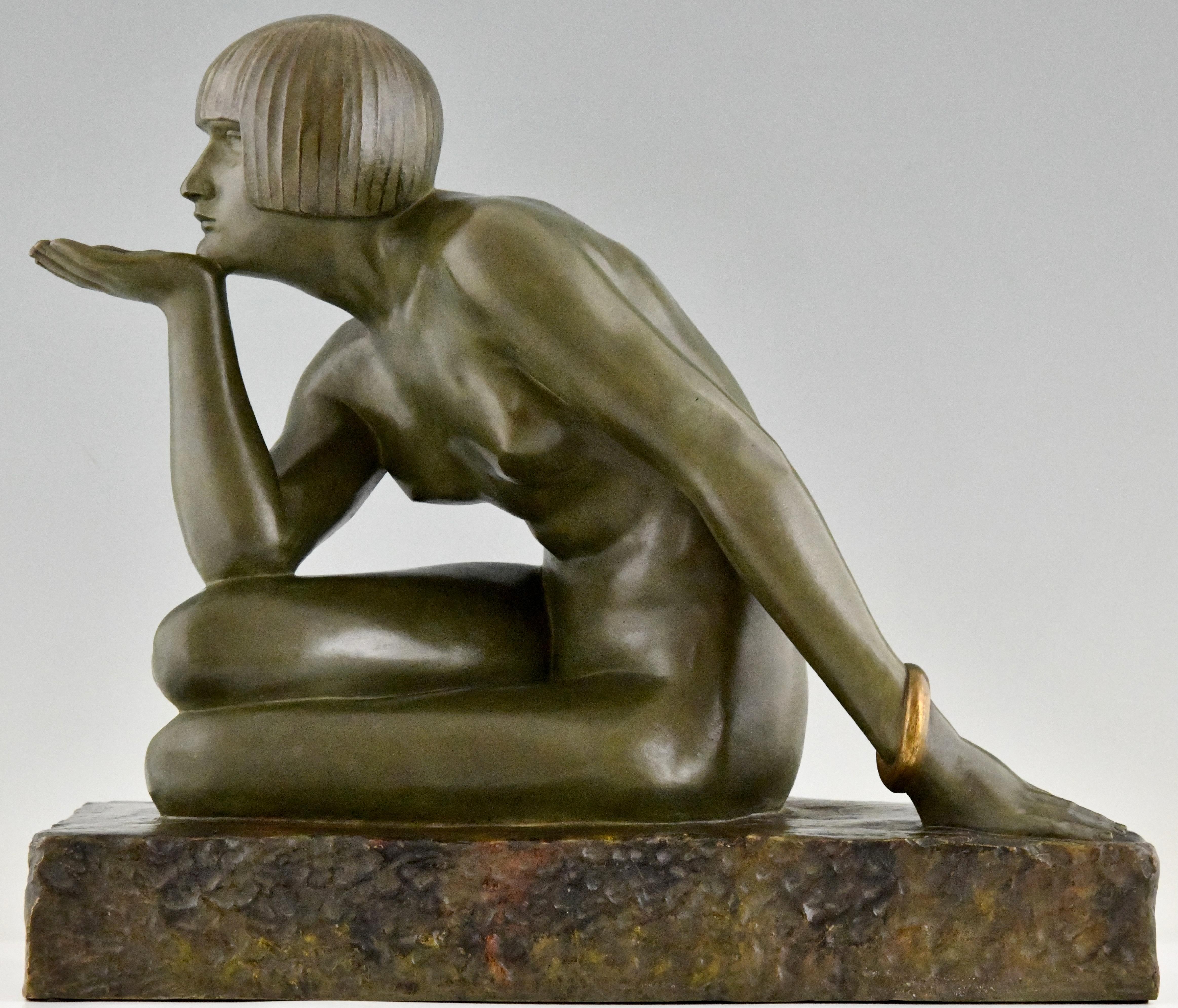 Bronze Enigma Art Deco bronze sculpture seated nude with bracelet by Guiraud Rivière For Sale
