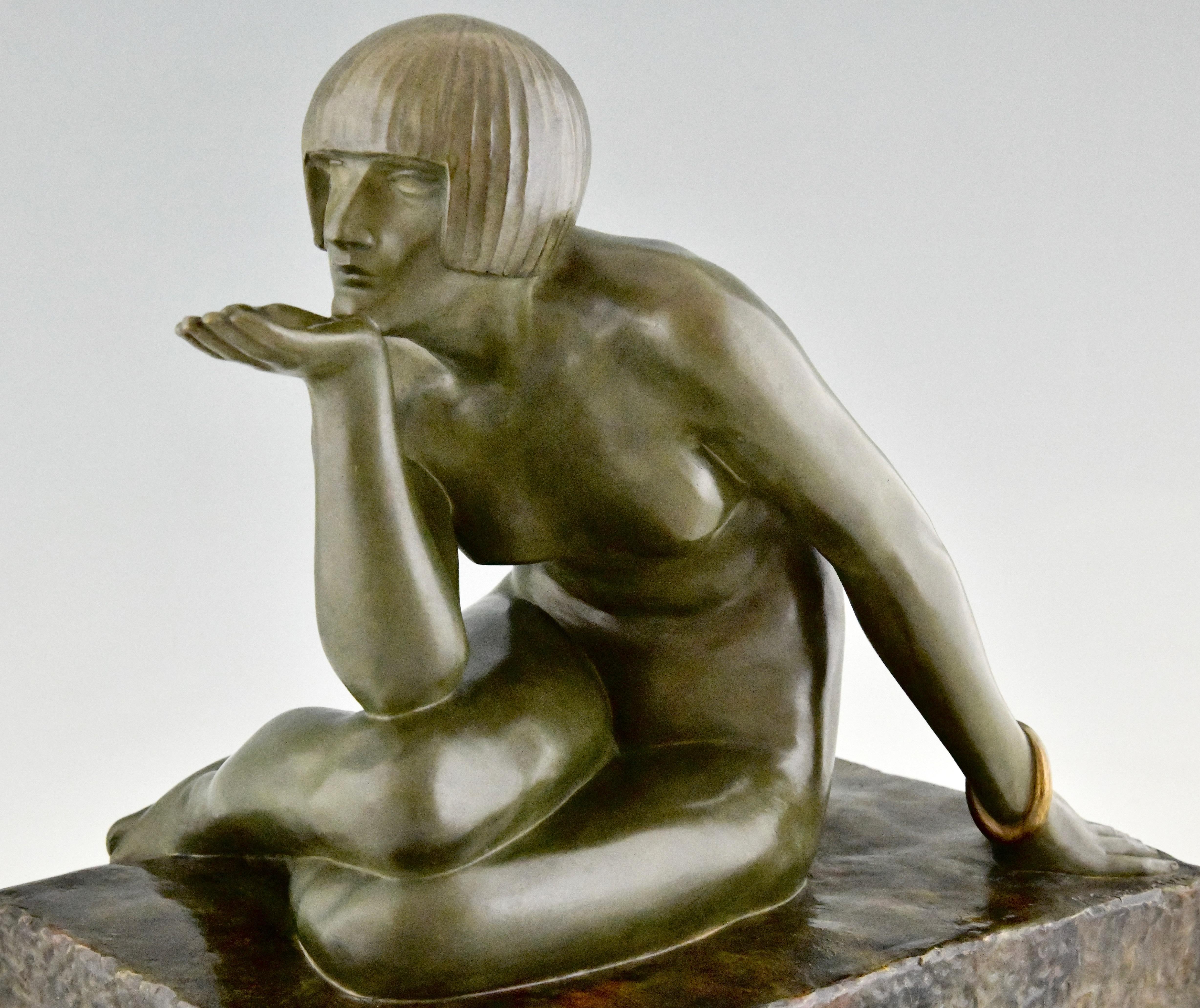 Enigma Art Deco bronze sculpture seated nude with bracelet by Guiraud Rivière For Sale 1