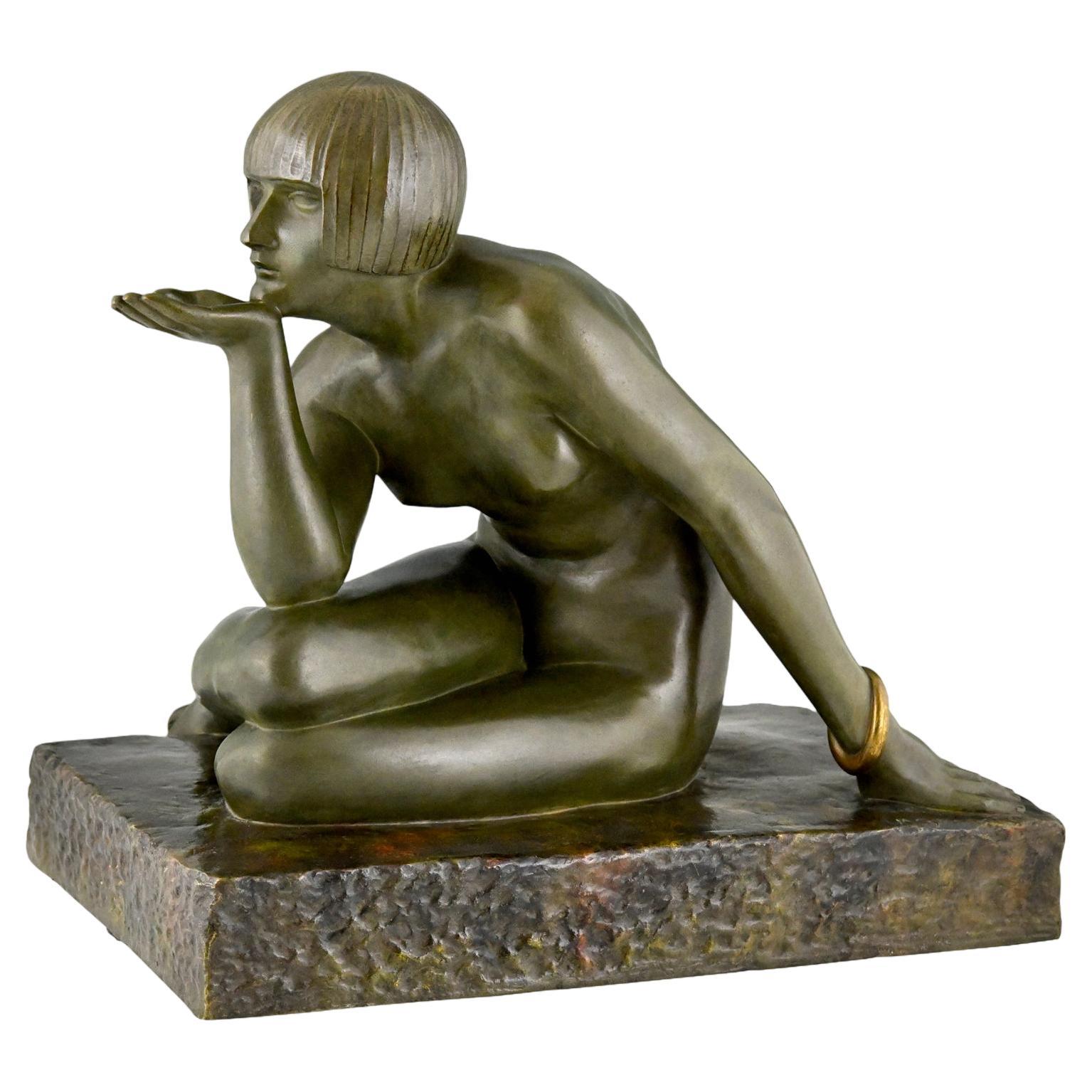 Enigma Art Deco bronze sculpture seated nude with bracelet by Guiraud Rivière For Sale