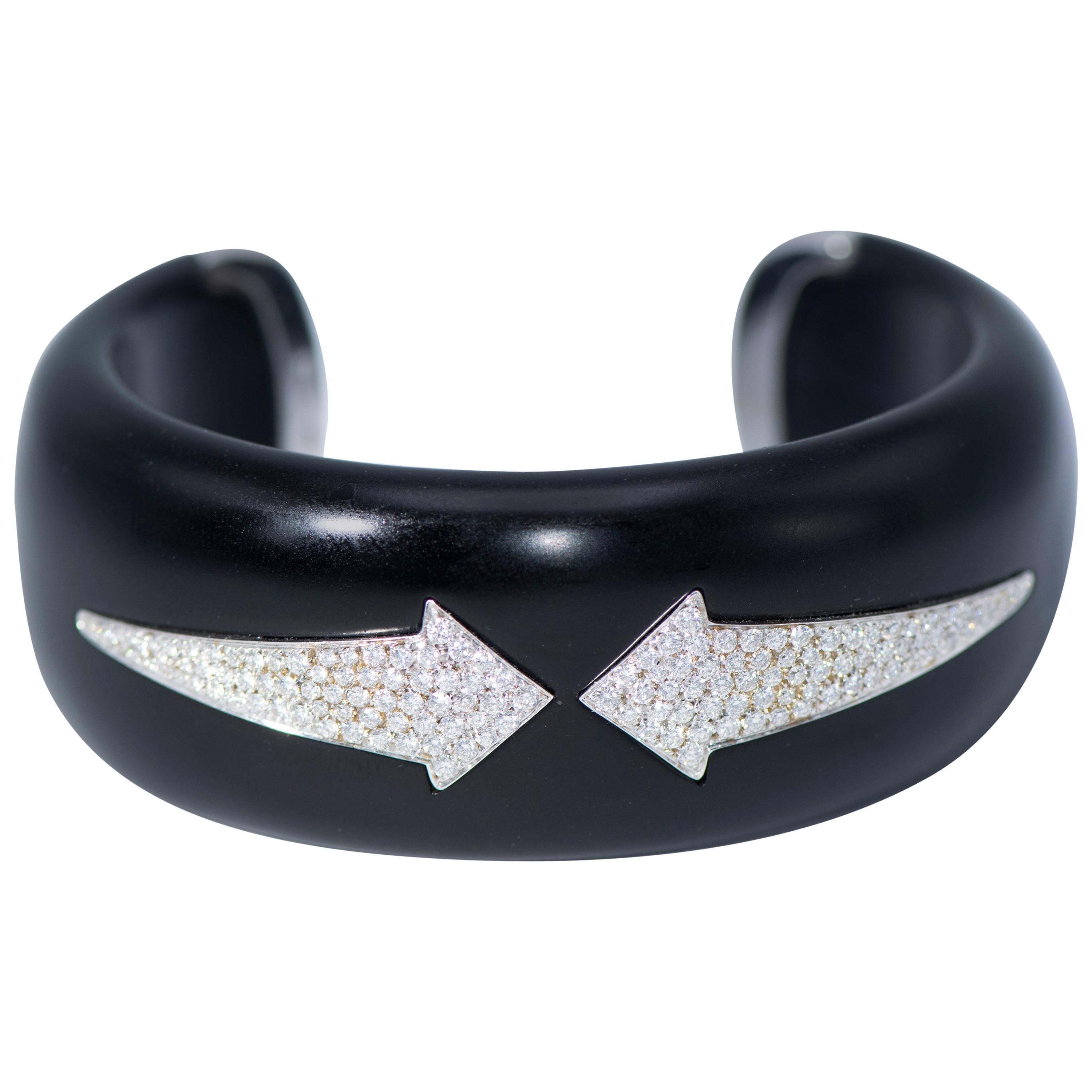 Enigma Black Wood with Arrow Diamond Cuff Bangle, Made in Italy For Sale