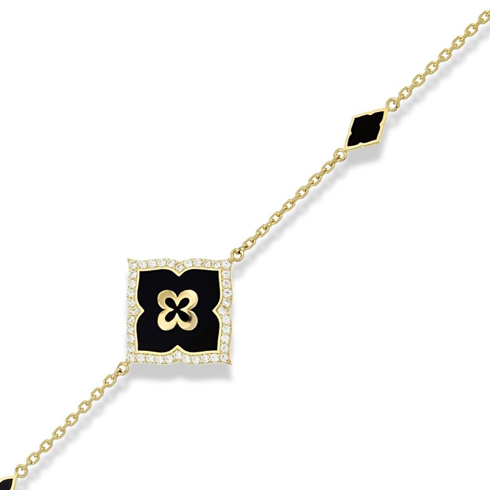 Contemporary Solid Gold Diamond Bracelet with Black Fire Enamel Detailing For Sale