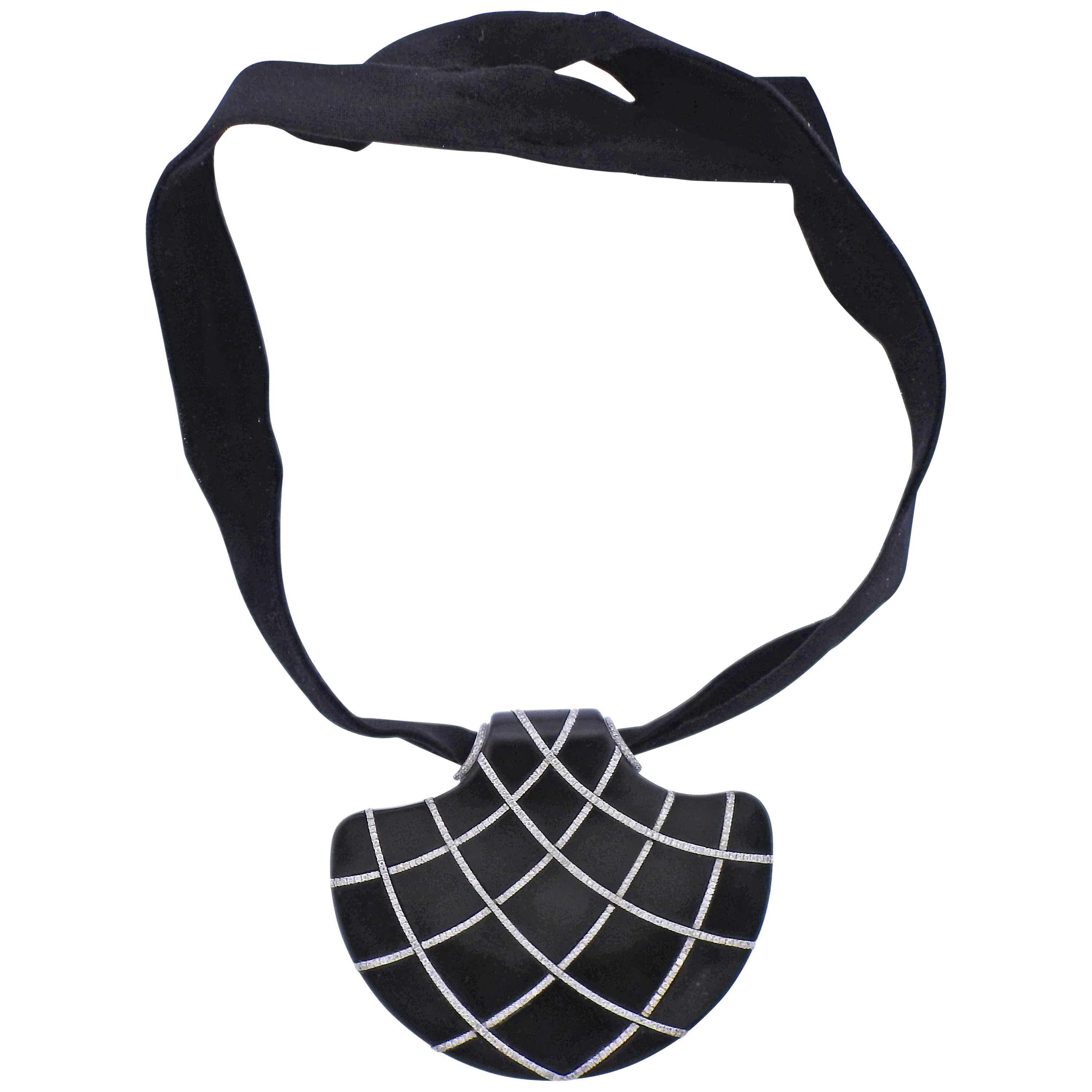Enigma by Gianni Bulgari Jet Diamond Gold Pendant on Velvet Choker Necklace