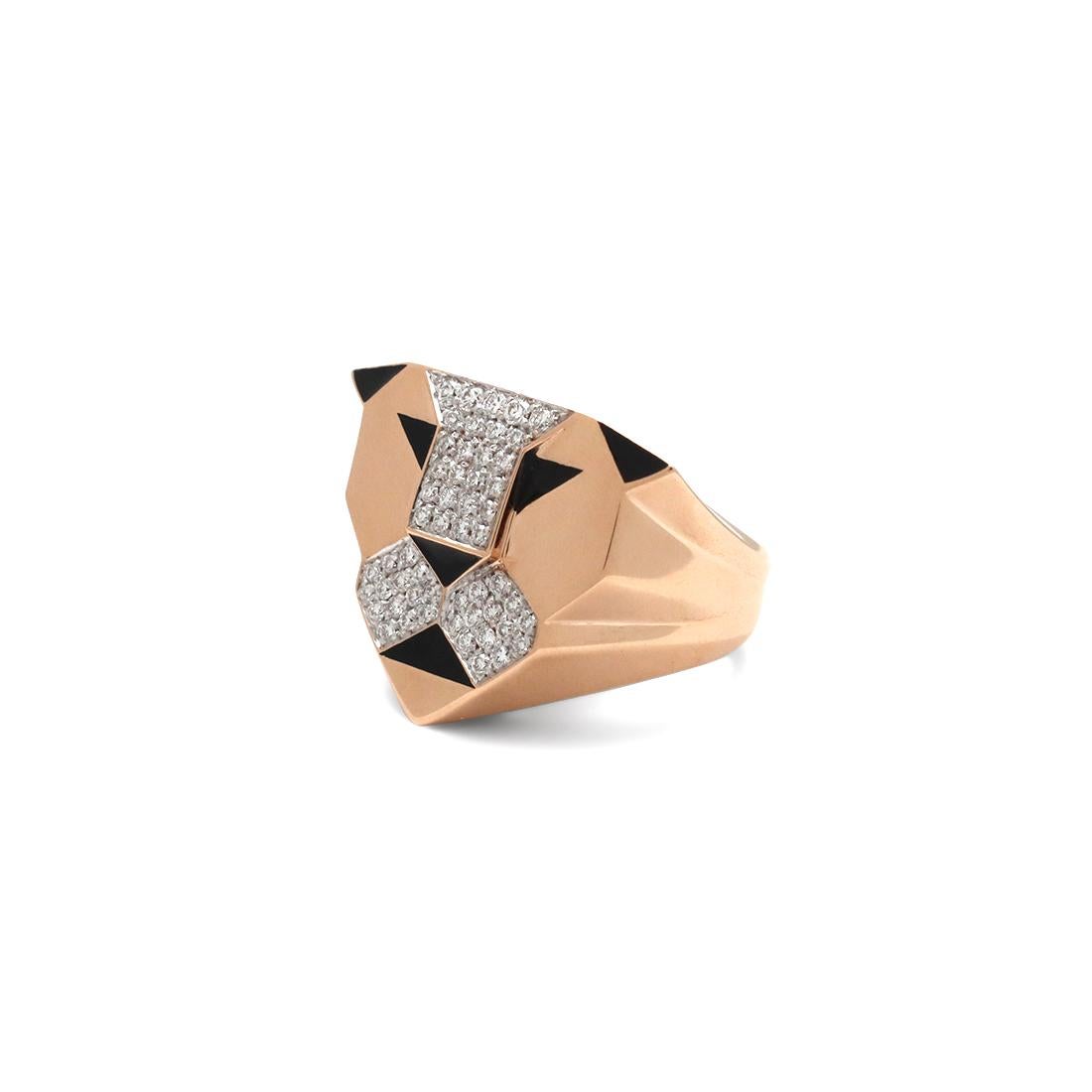 Authentic Enigma by Gianni Bvlgari ring crafted in 18 karat rose gold features a stunning regal lion motif. The ring is set with approximately .60 carats of round brilliant cut diamonds (G-H color, VS clarity) and accented with black enamel eyes,