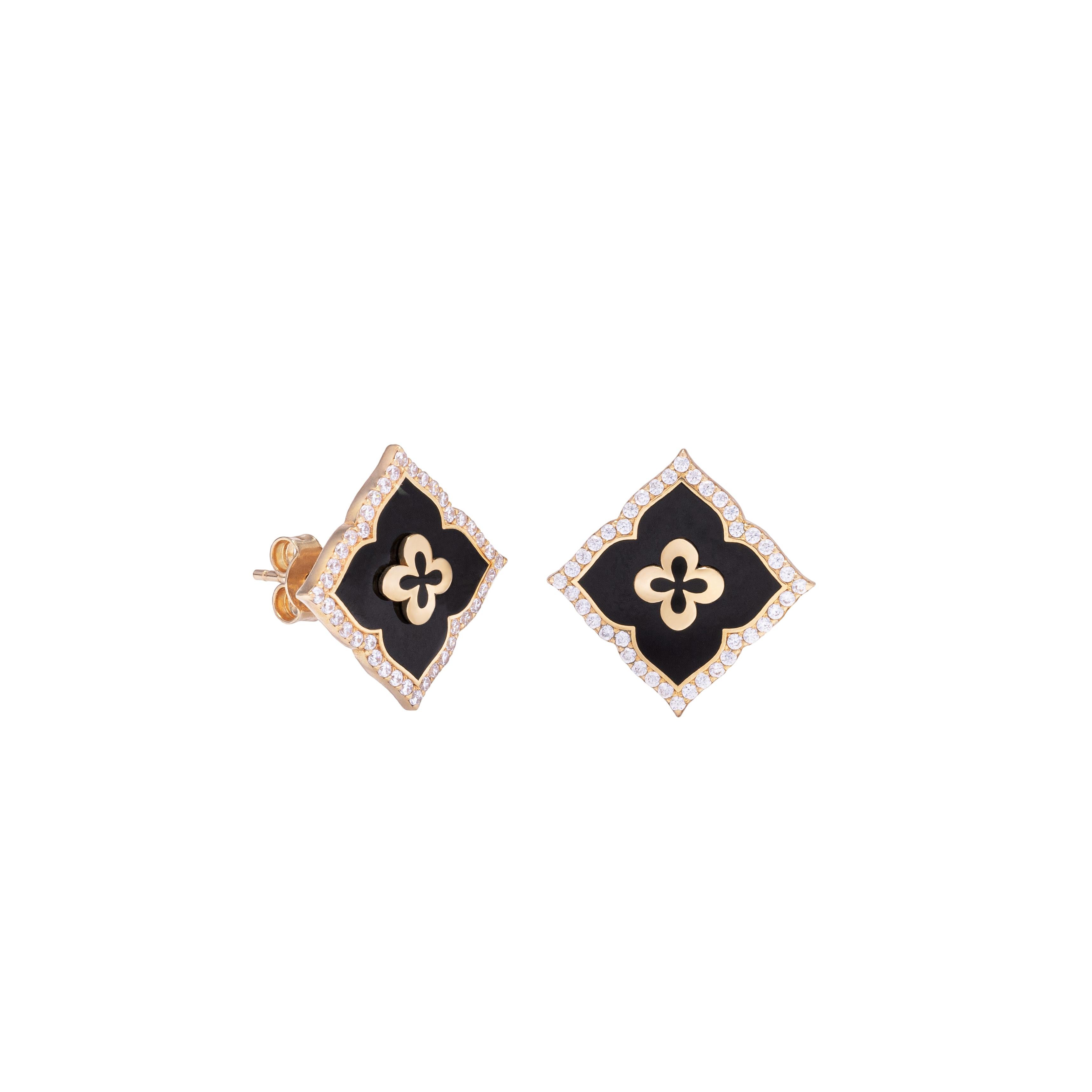 Contemporary Solid Gold Diamond Stud Earrings with Black Fire Enamel Detailing For Sale