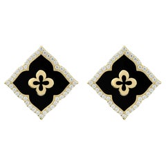 Solid Gold Diamond Stud Earrings with Black Fire Enamel Detailing