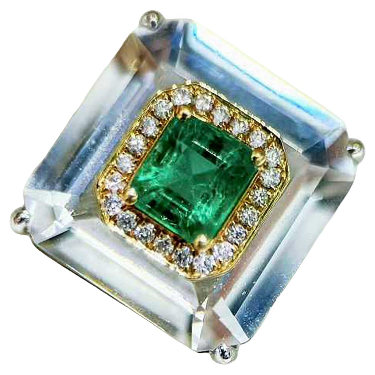 【Énigma】0.58ct Smaragd & Diamant Weißer Kristall Cocktail Ring