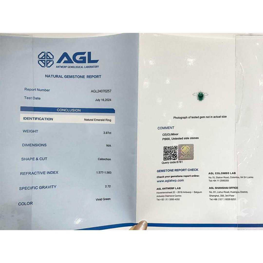 【Énigma】AGL Certified 3.97ct Emerald Cabochon Diamond Platinum Ring For Sale 6