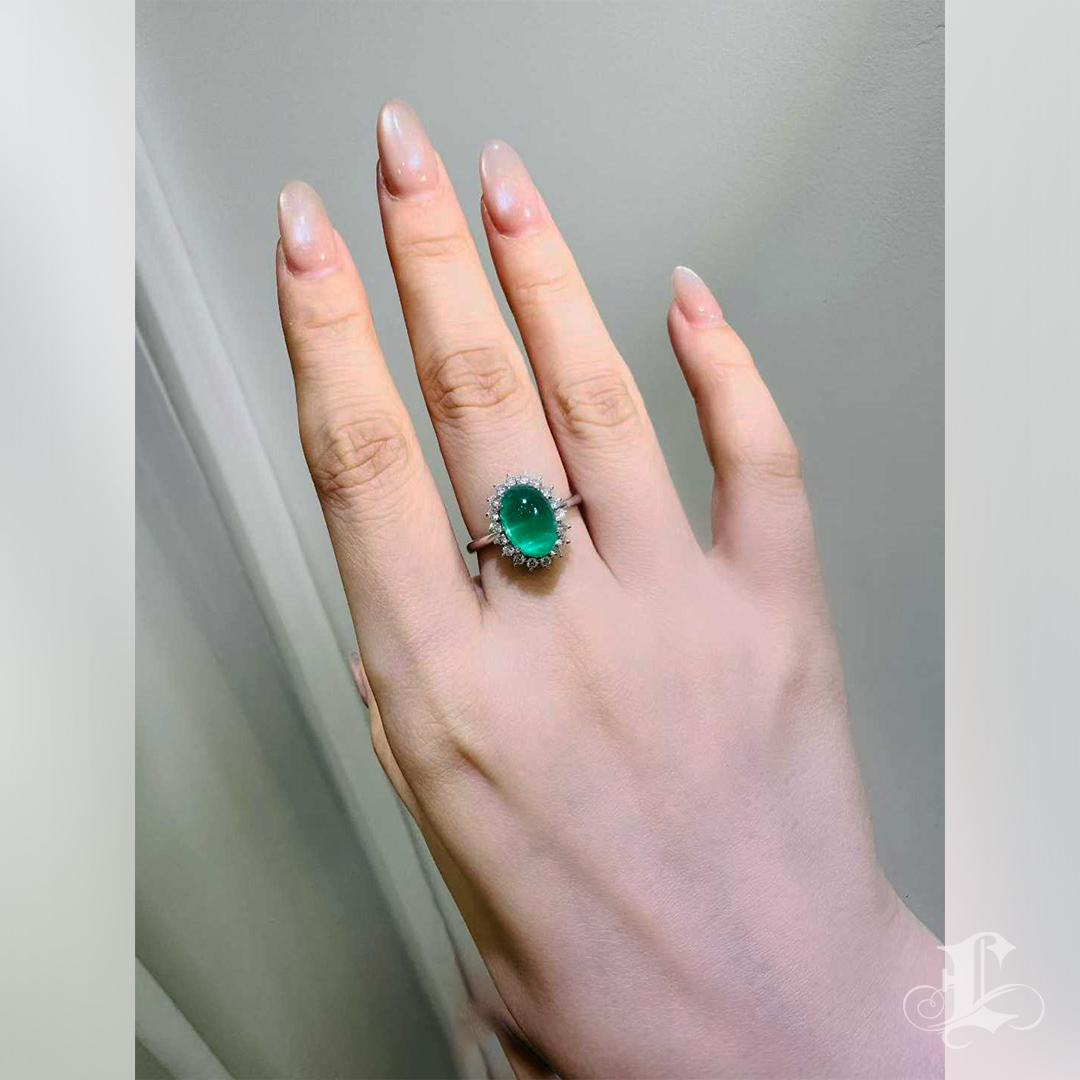 Emerald Cut 【Énigma】AGL Certified 3.97ct Emerald Cabochon Diamond Platinum Ring For Sale