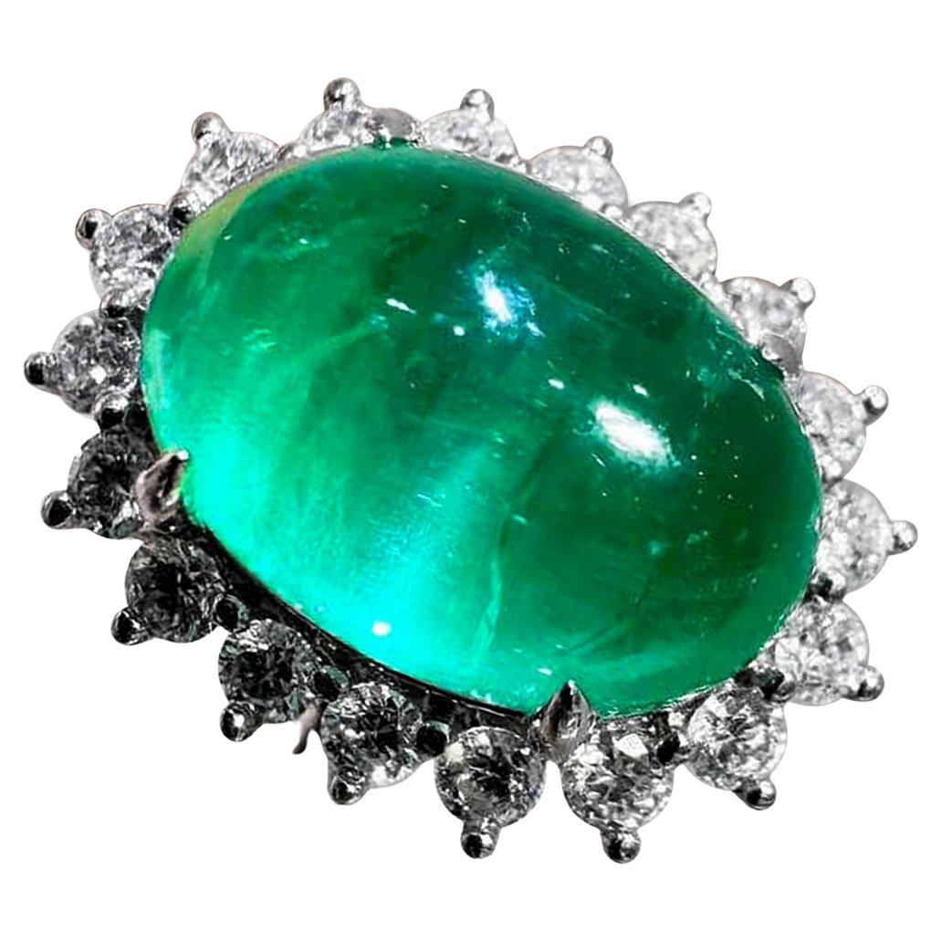 【Énigma】AGL Certified 3.97ct Emerald Cabochon Diamond Platinum Ring For Sale