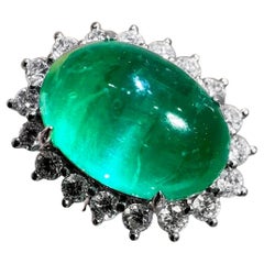 【Énigma】AGL Certified 3.97ct Emerald Cabochon Diamond Platinum Ring