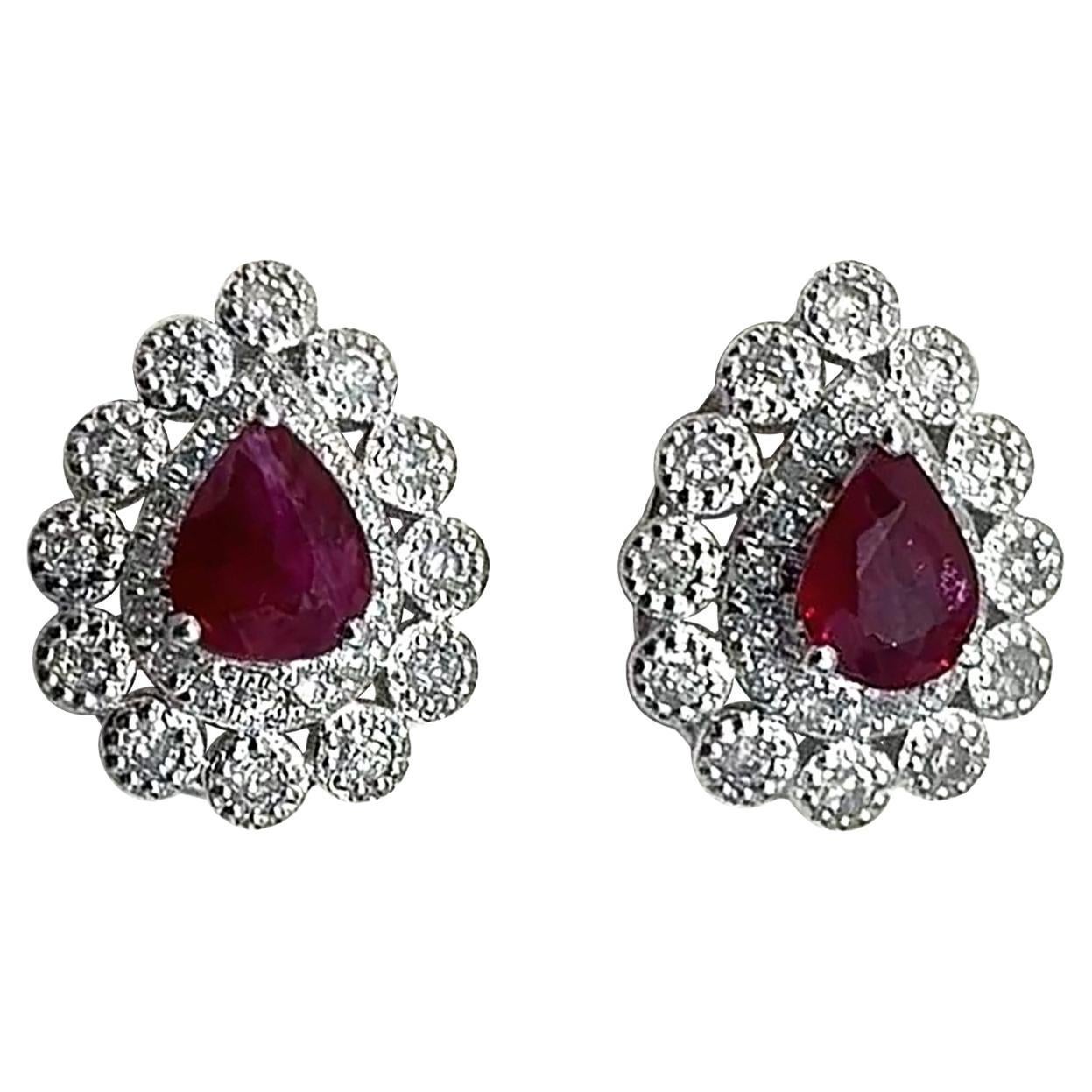 【Énigma】GRM Certified Scarlet Dewdrop 0.56ct Ruby and Diamond Halo Earrings For Sale