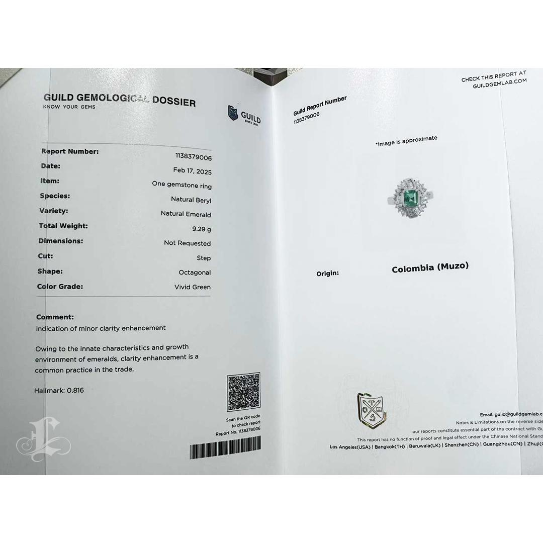 【Énigma】GUILD Certified Muzo Colombian Emerald Halo Ring — 0.816ct Vivid Green For Sale 5