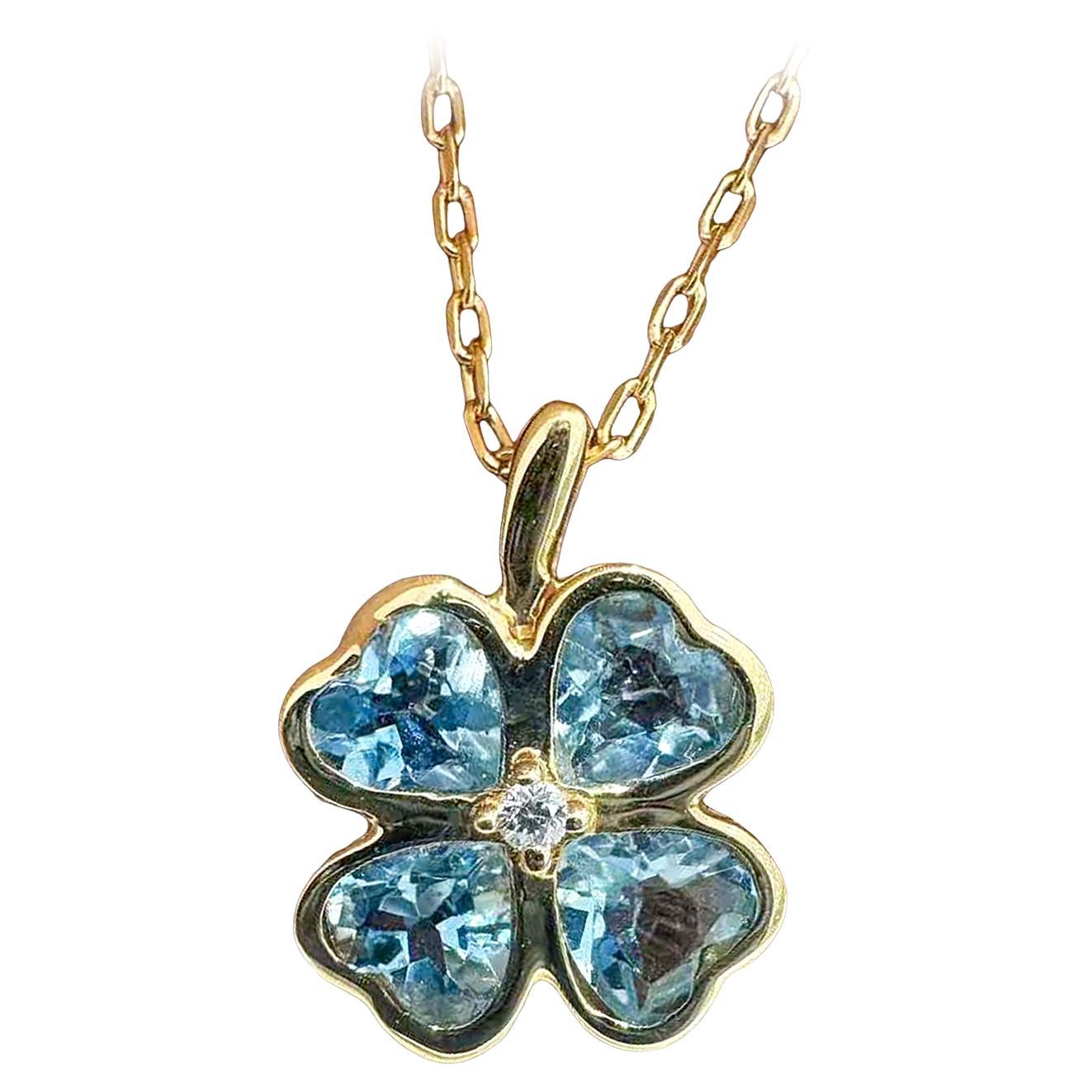【Énigma】Lucky Clover Heart-Cut Aquamarine & Diamond 18k Gold Necklace en vente
