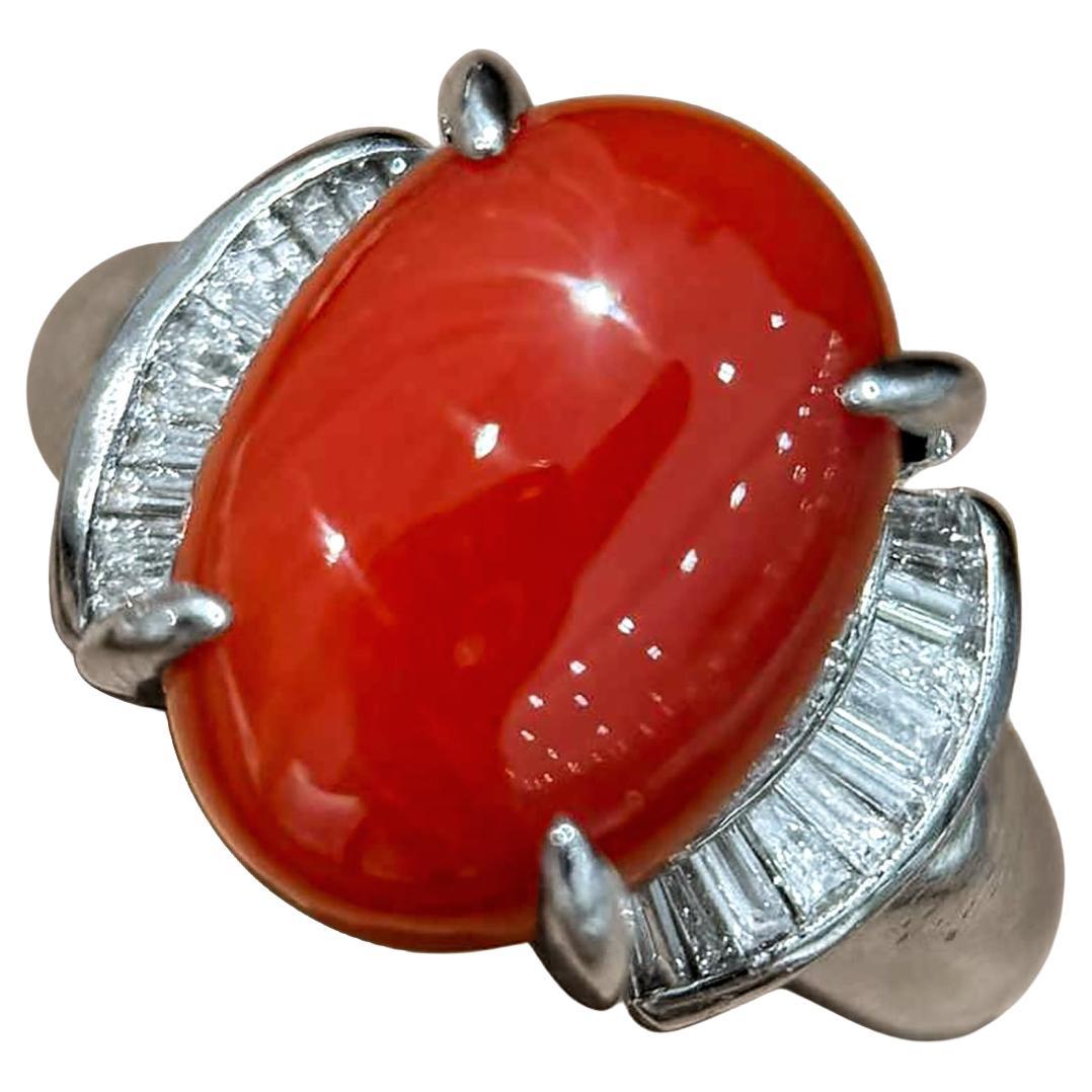 【Jādora】Only One Natural Ox-Blood Coral 
Diamond Platinum Ring (bague en platine)