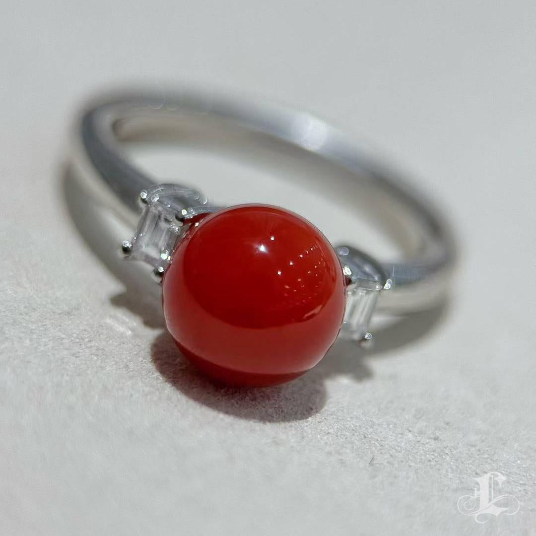【Énigma】Only One Oxblood Halo Natural Aka Coral Diamond Ring Pour femmes en vente