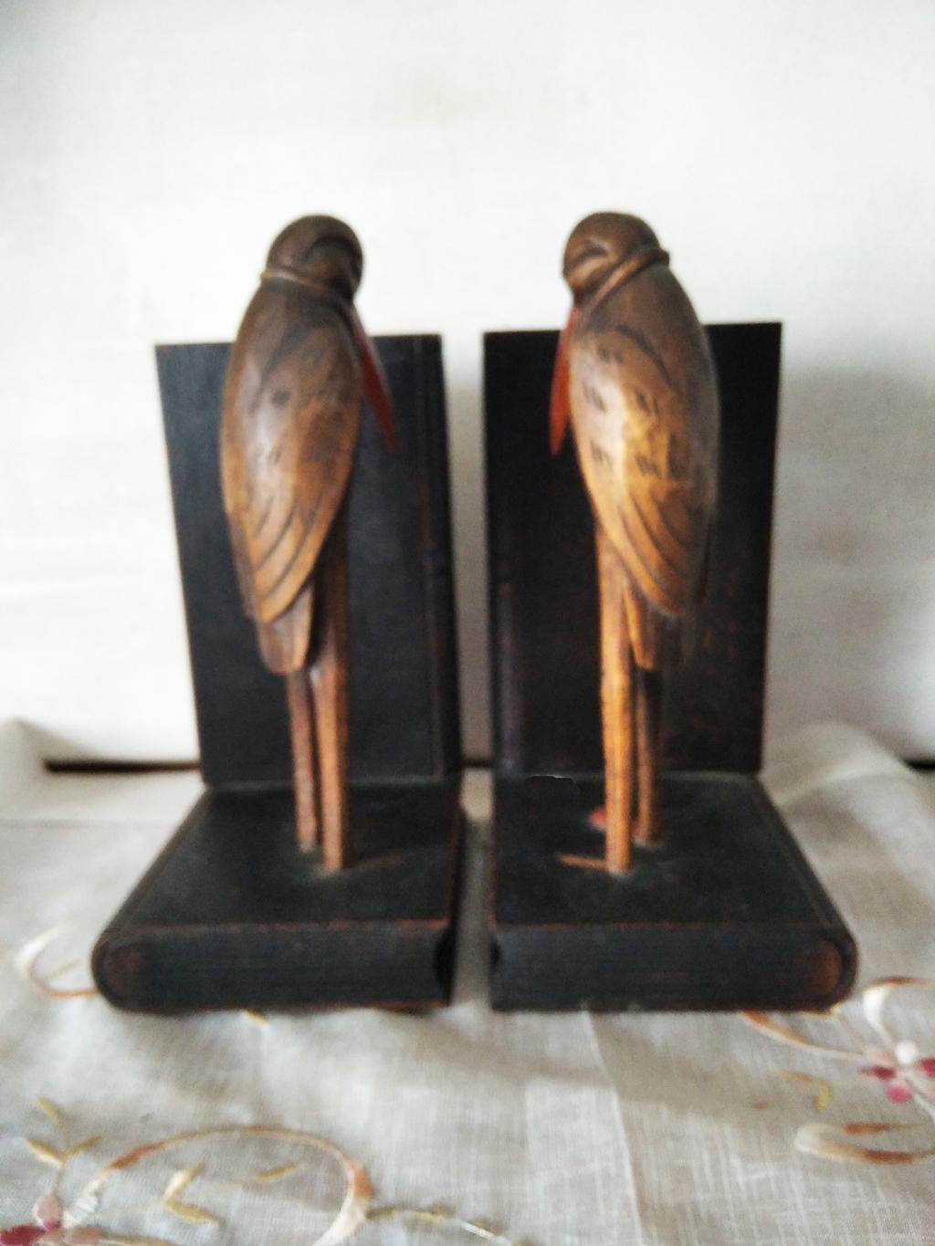 Spanish Bookends, Humanized Ravens Carved in Wood Glass Eyes Enigmatic and Original For Sale