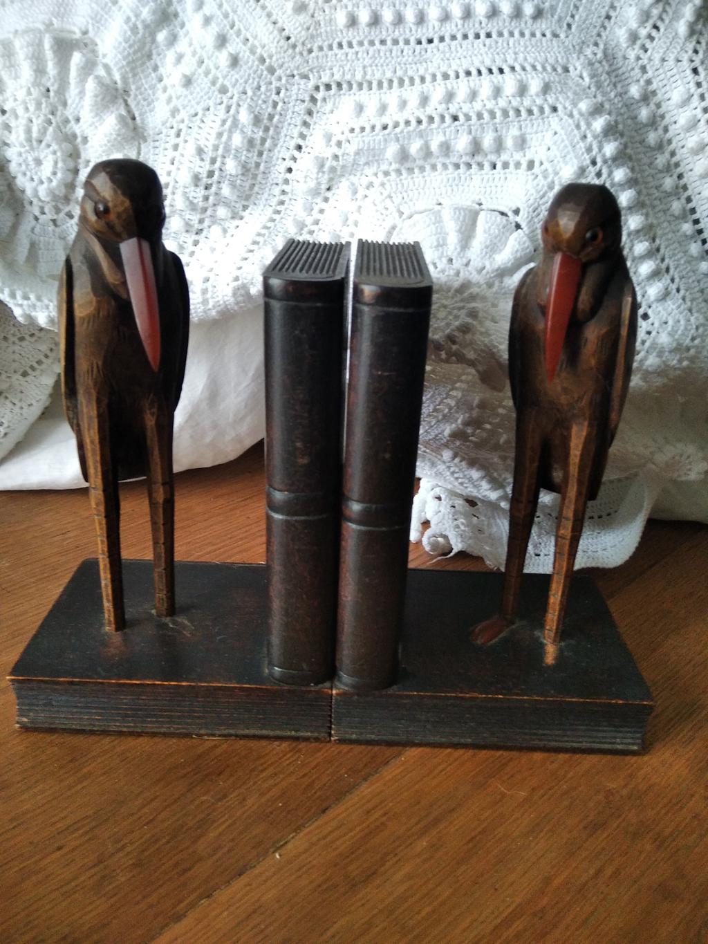 Other Bookends, Humanized Ravens Carved in Wood Glass Eyes Enigmatic and Original For Sale