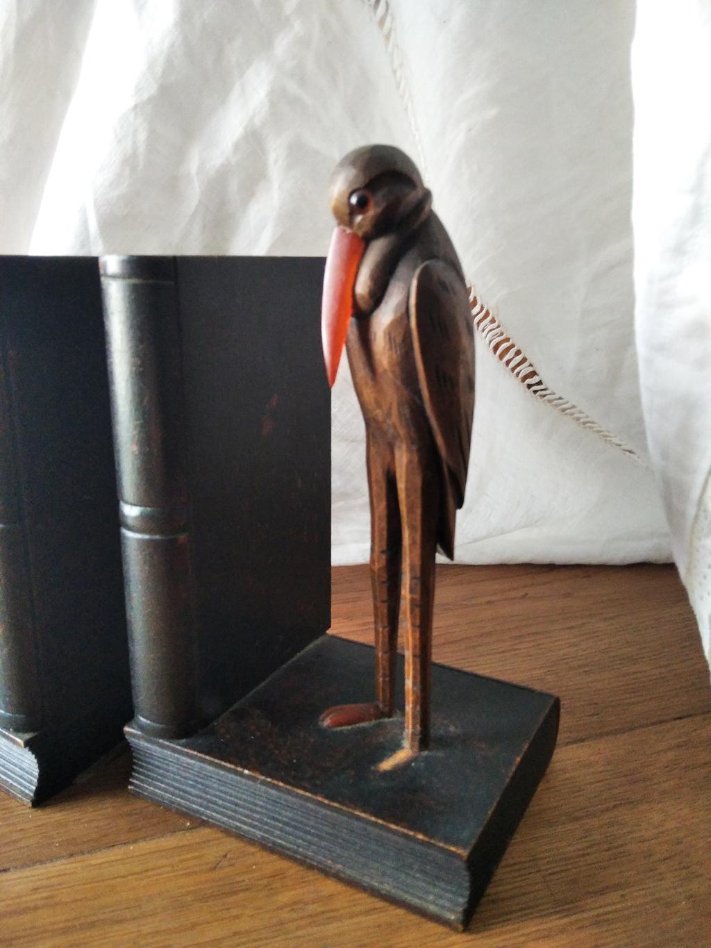 Bookends, Humanized Ravens Carved in Wood Glass Eyes Enigmatic and Original For Sale 2