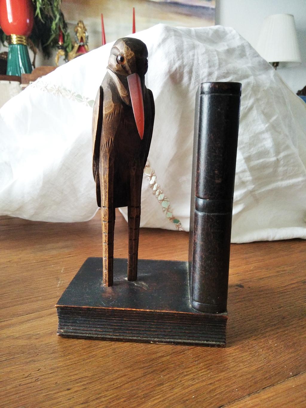 Rare Bookends, Humanized Ravens Carved in Wood Glass Eyes Enigmatic & Original For Sale 11