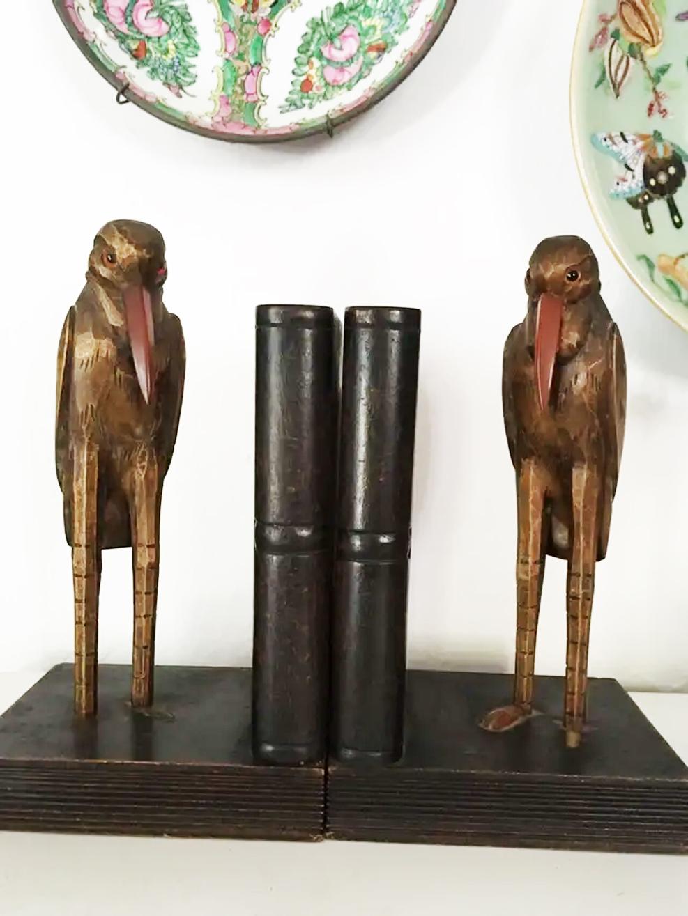 Bookends, Humanized Ravens Carved in Wood Glass Eyes Enigmatic and Original For Sale 3