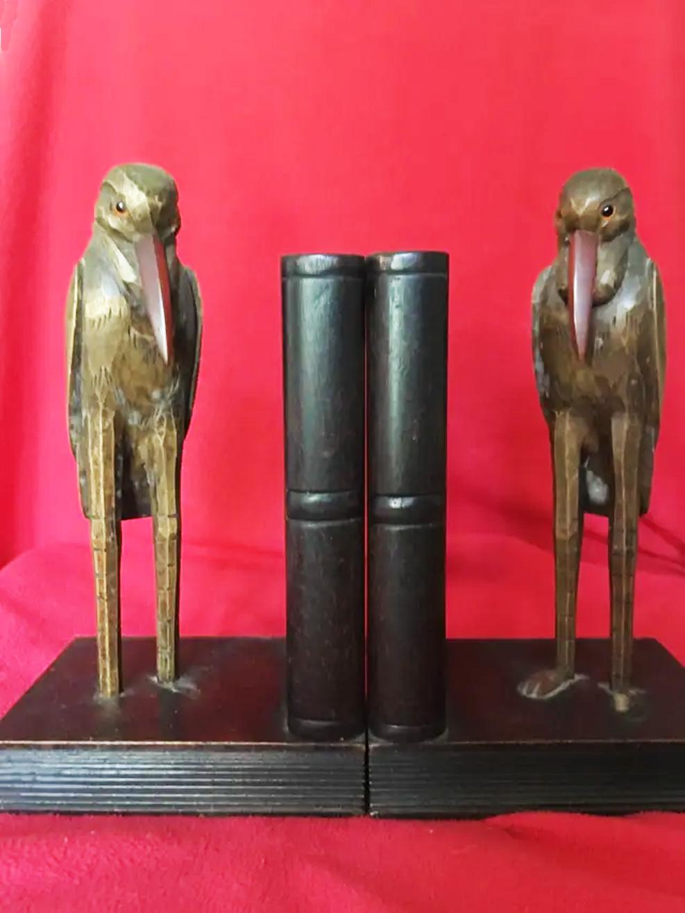 Bookends, Humanized Ravens Carved in Wood Glass Eyes Enigmatic and Original For Sale 5