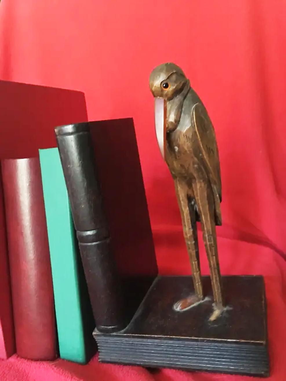 Rare Bookends, Humanized Ravens Carved in Wood Glass Eyes Enigmatic & Original For Sale 6