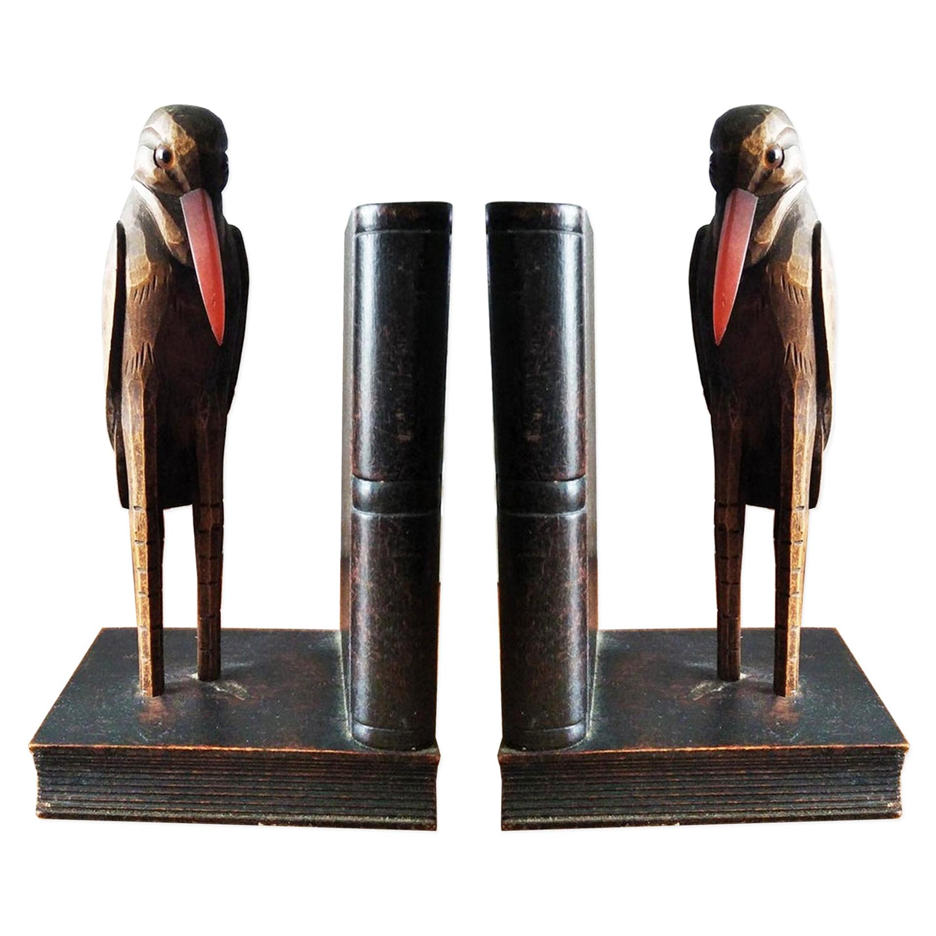 Bookends, Humanized Ravens Carved in Wood Glass Eyes Enigmatic and Original