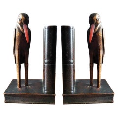 Bookends, Humanized Ravens Carved in Wood Glass Eyes Enigmatic and Original