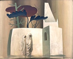 "Enigmatic Figures", Surrealist Scene of Robed Figures & Church by Mahoney, 1941