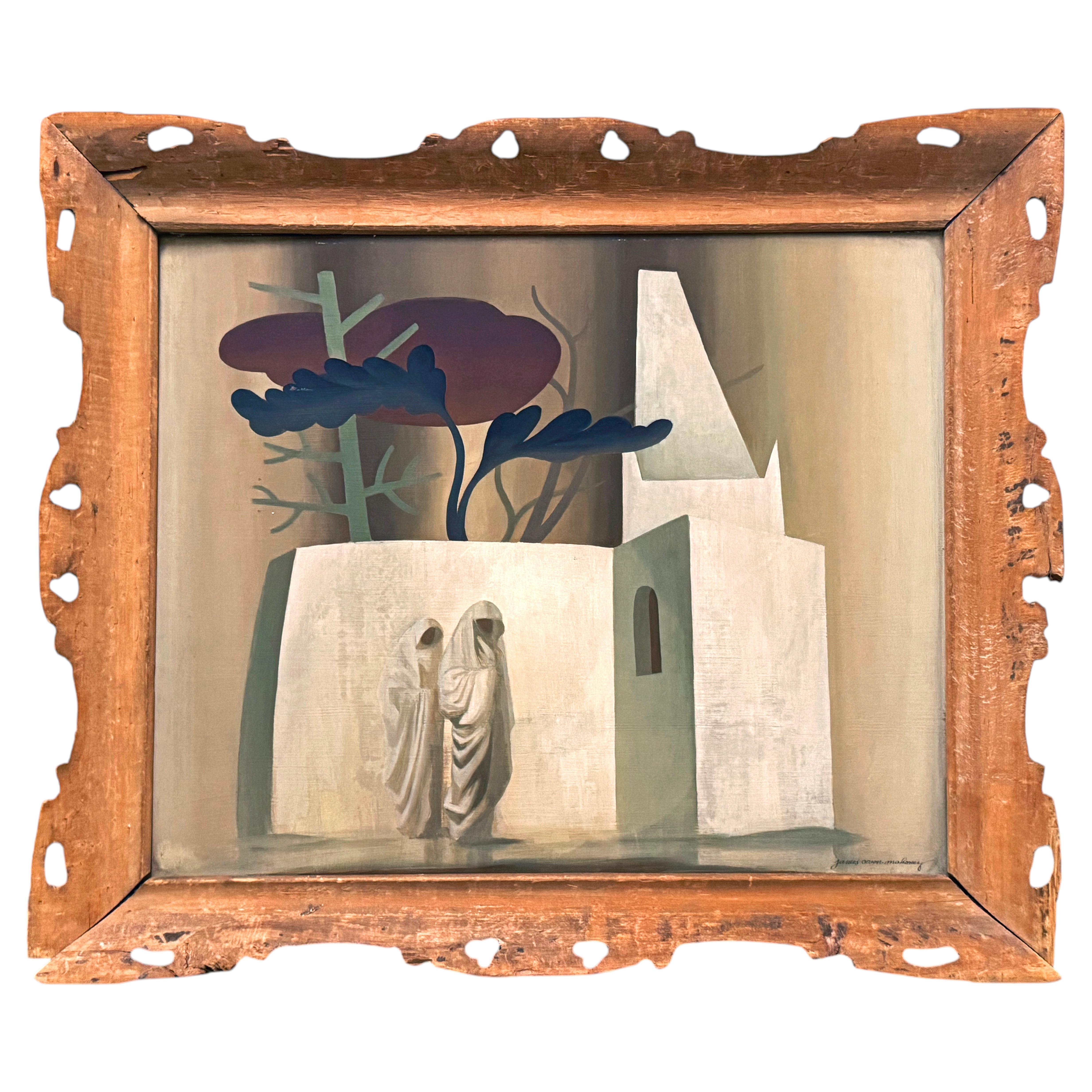 "Enigmatic Figures", Surrealist Scene of Robed Figures & Church by Mahoney, 1941
