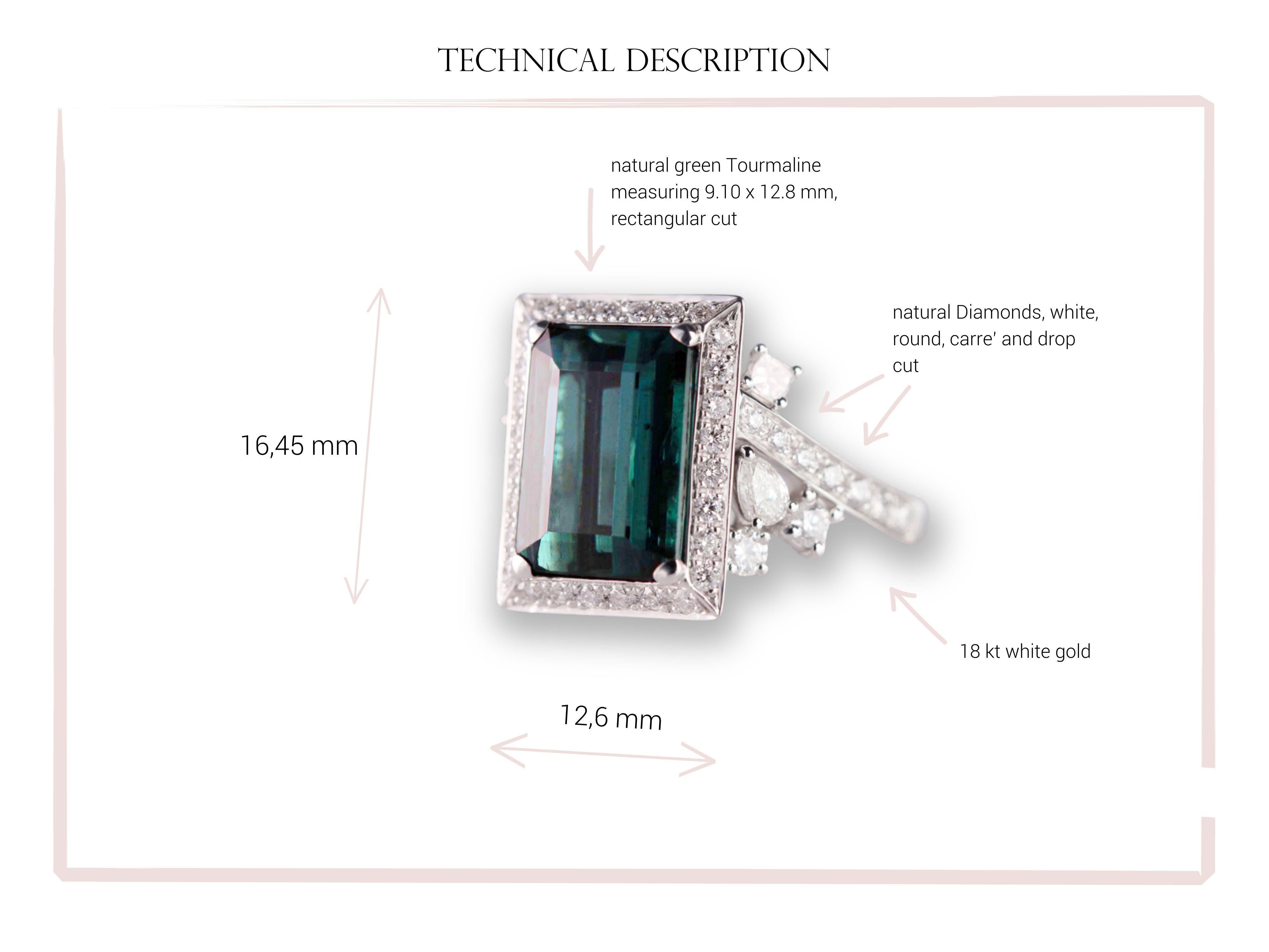 Rätselhafter Ring mit grünem Turmalin und Diamant aus 18-karätigem Weißgold im Angebot 1