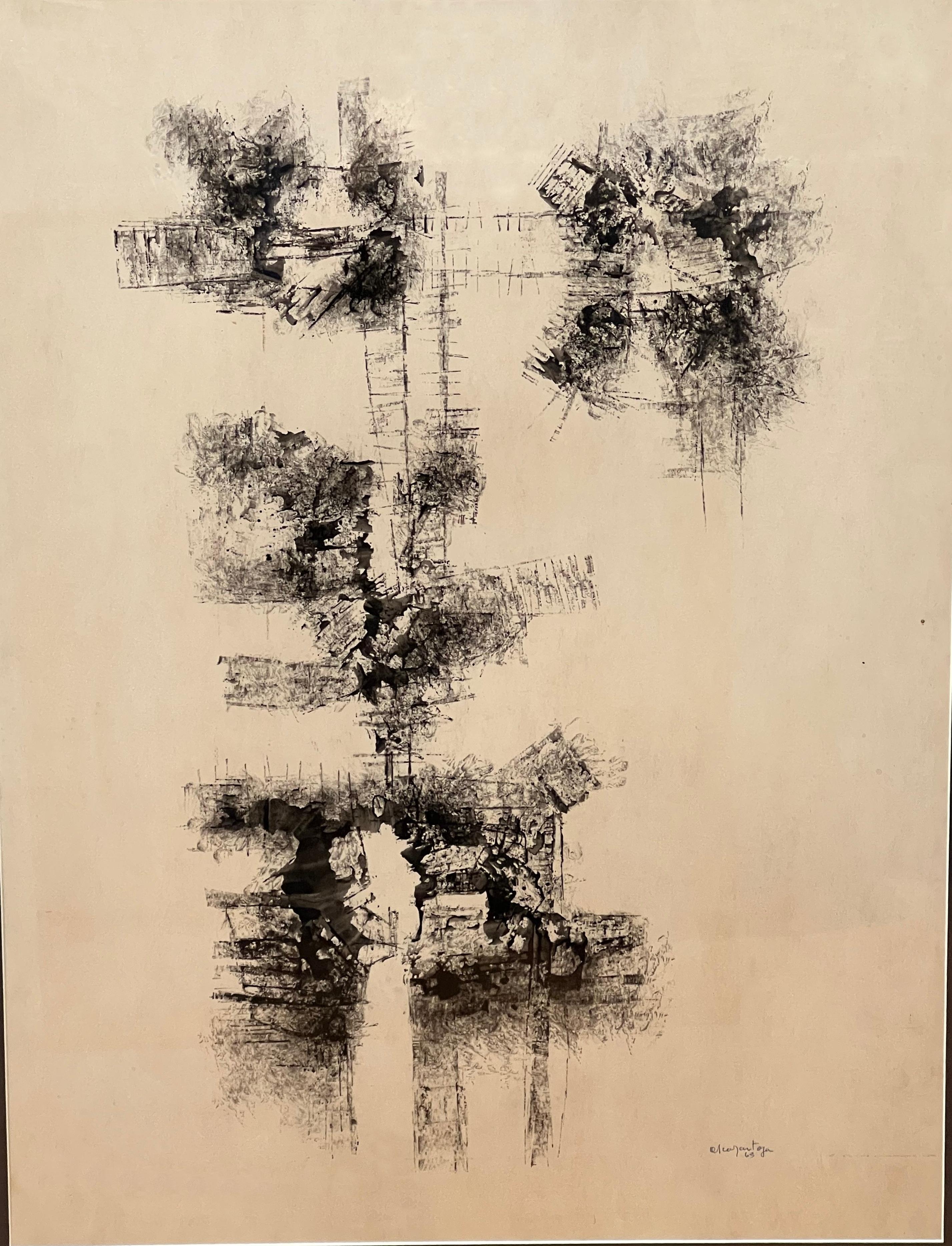 Original monochrome drawing from 1963 to be approached as a walk into a mental landscape. The painter's signature does not allow us to identify him. There is in this work a non-figuration that could almost recall enigmatic images of the Rorschach
