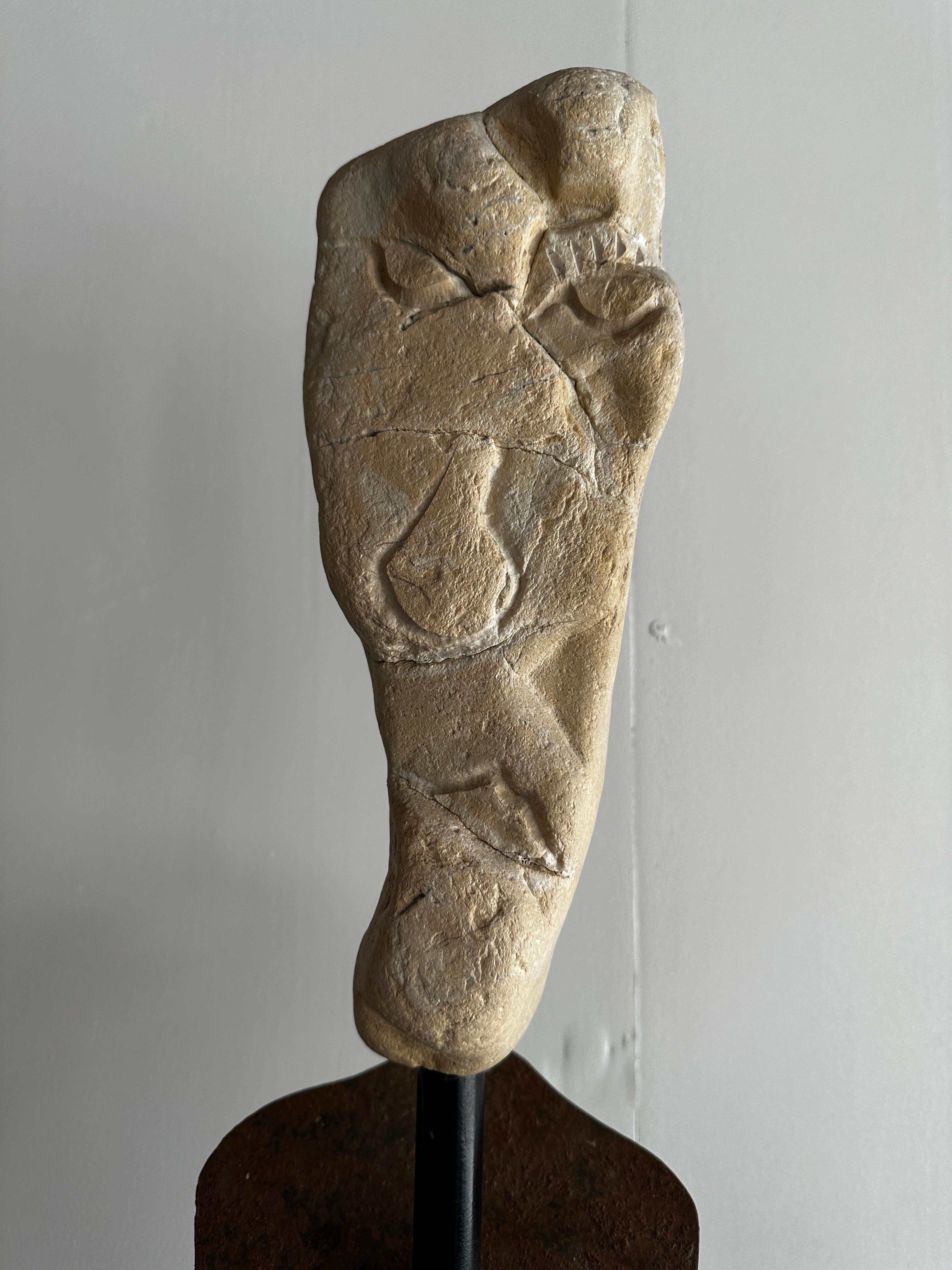 Brutalist Enigmatic Tall Stone And Iron Semi-Figurative Sculpture
