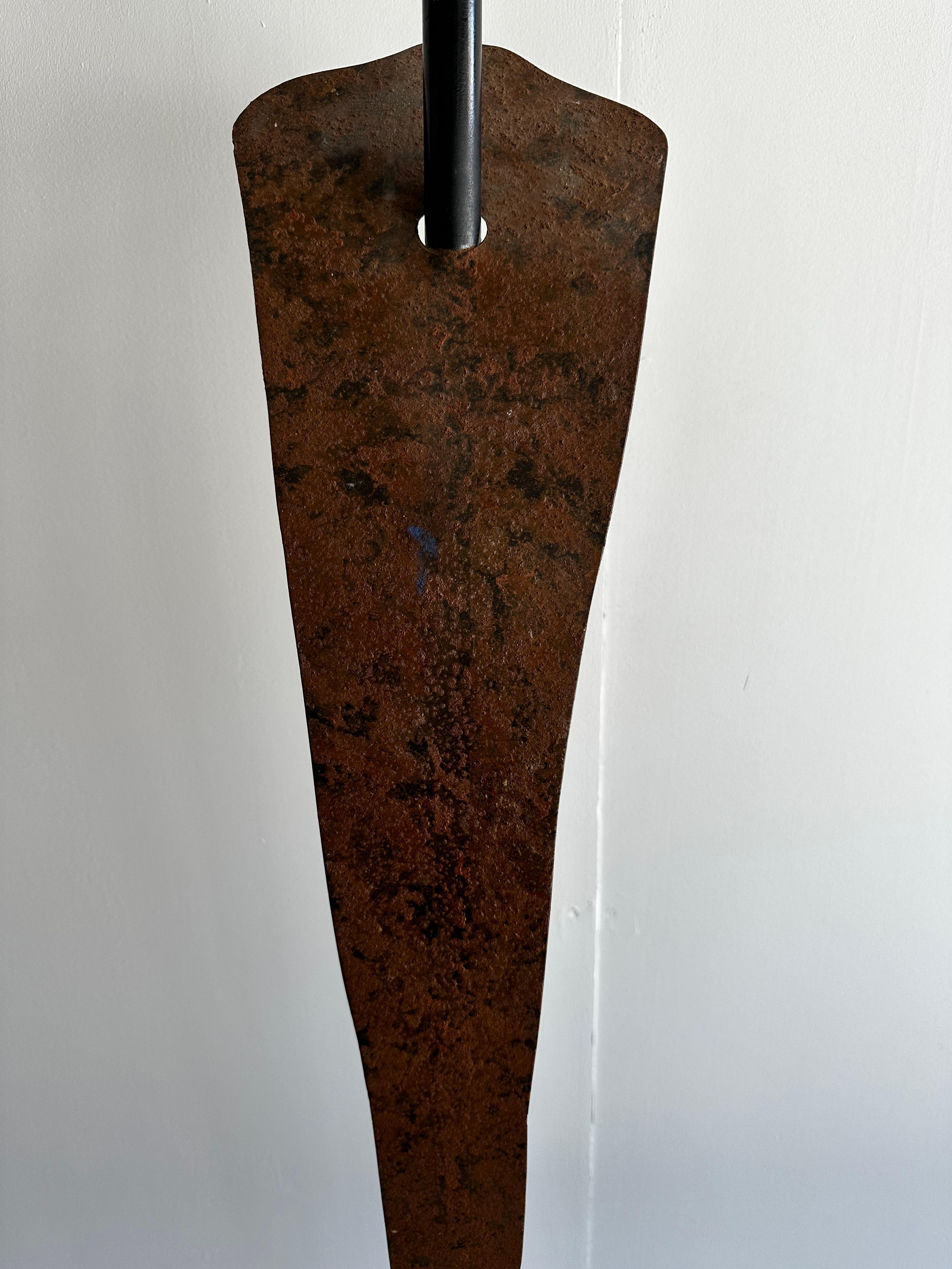 Patinated Enigmatic Tall Stone And Iron Semi-Figurative Sculpture