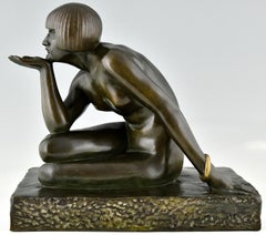 Enigme Art Deco Bronze Sculpture Nu Assis par Guiraud Rivière, Sceau de Fonderie