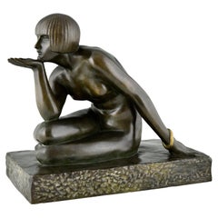 Antique Enigme Art Deco Bronze Sculpture Seated Nude by Guiraud Rivière, Foundry Seal