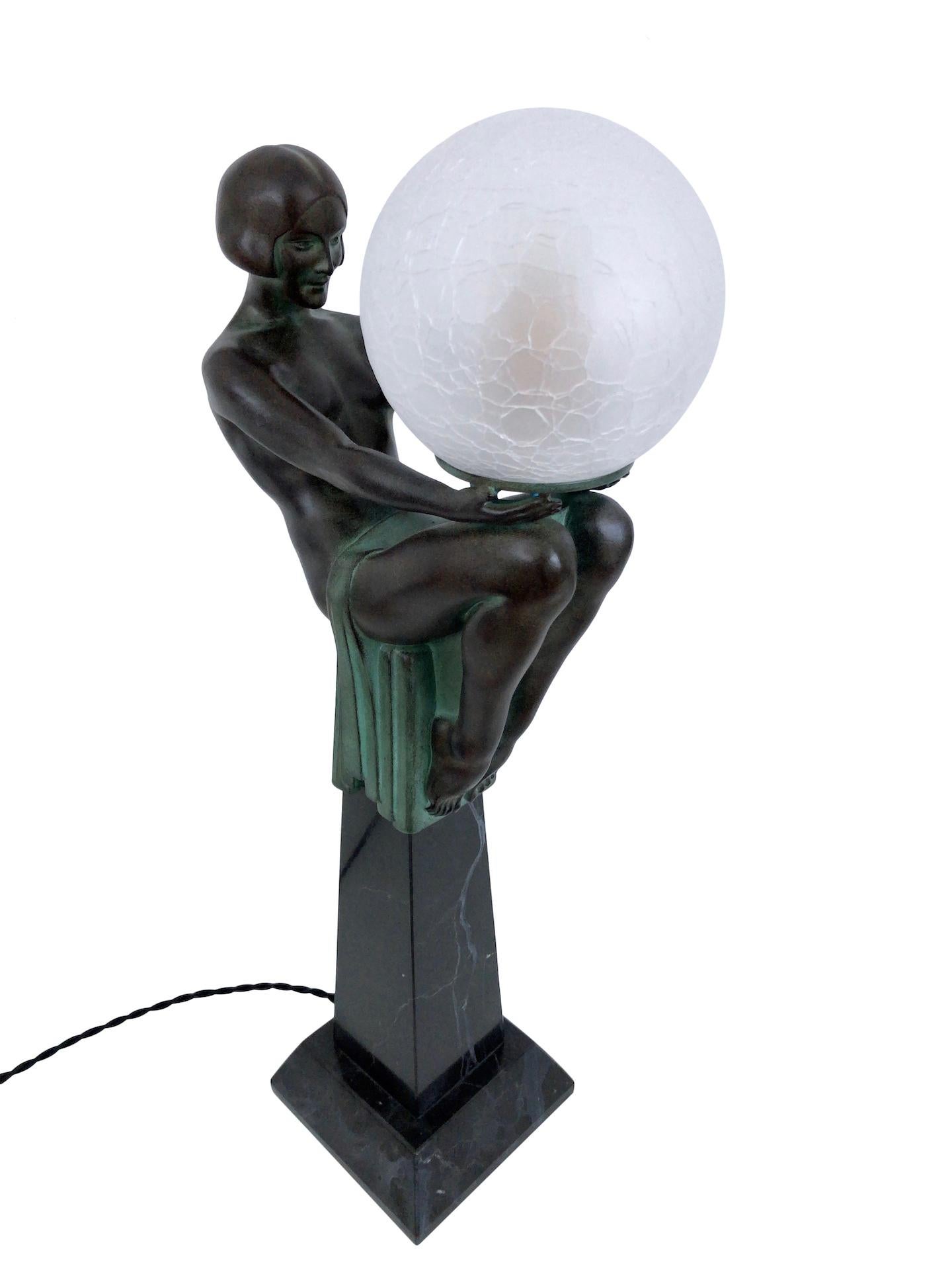 French Enigme Art Deco Style Nude Sculpture on top of an Obelisk Lamp by Max Le Verrier