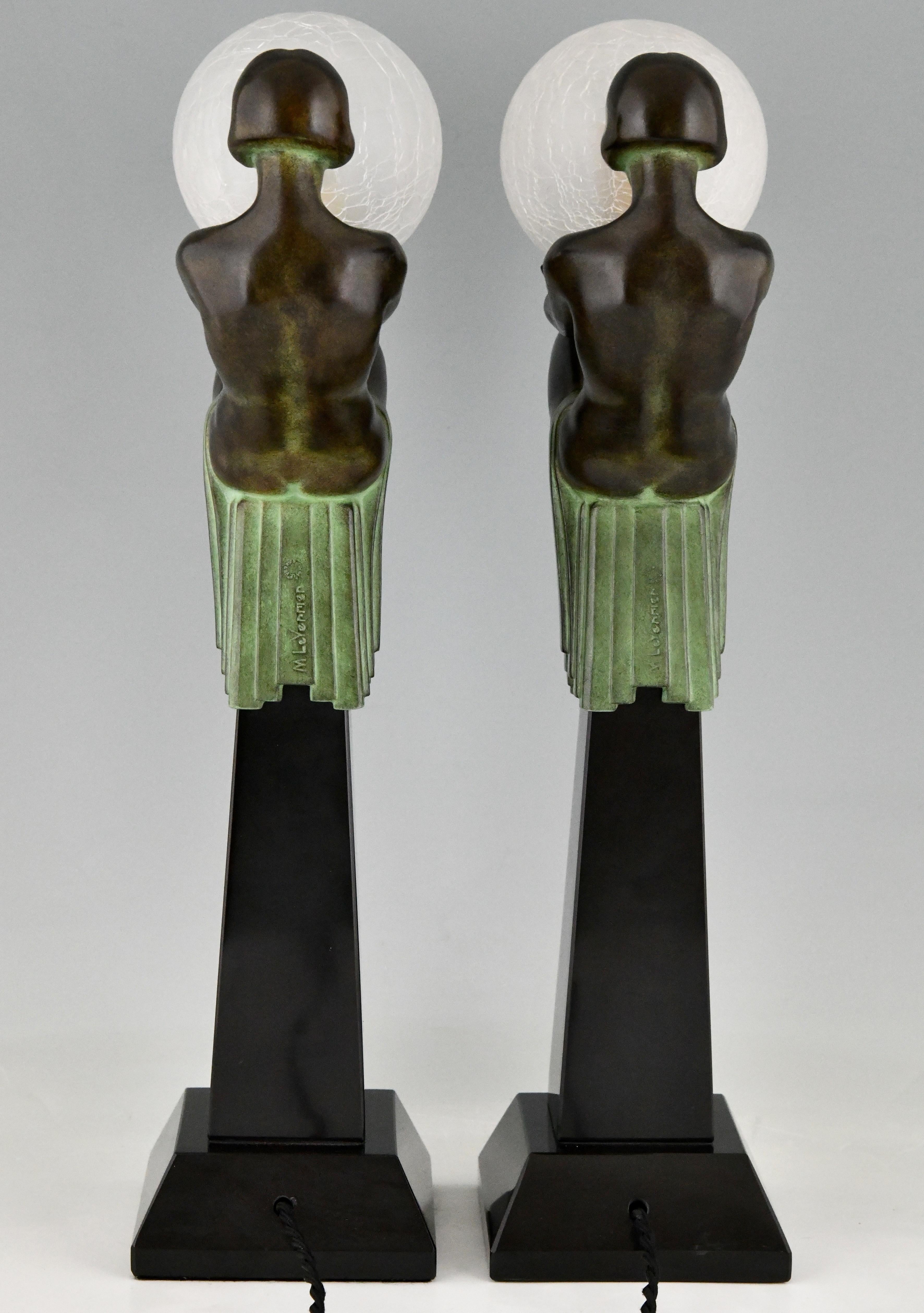 Pair of Art Deco Style Table Lamp Seated Nude with Globe Max Le Verrier Enigma For Sale 1