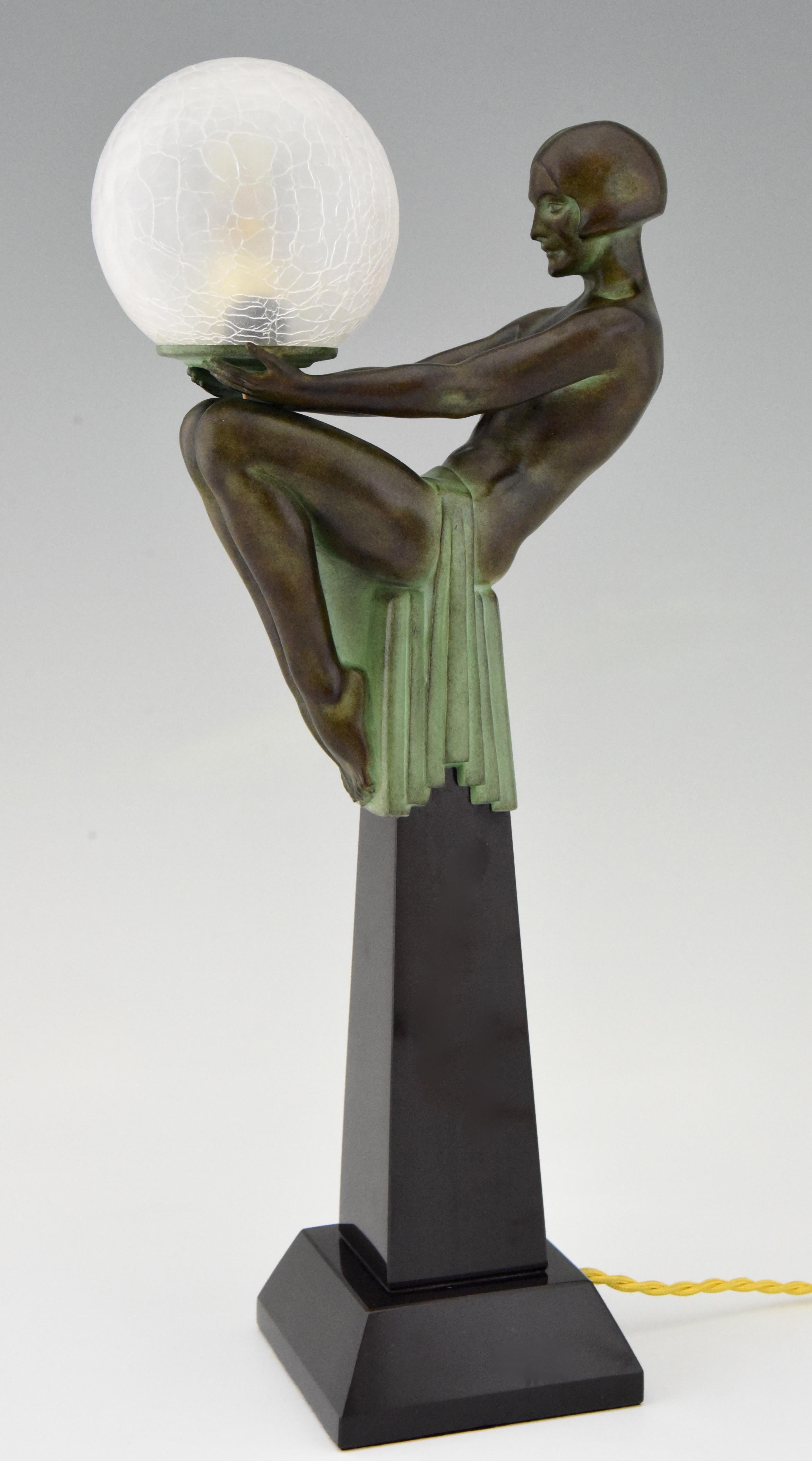 French Enigme Art Deco Style Table Lamp Seated Nude with Globe Max Le Verrier France For Sale