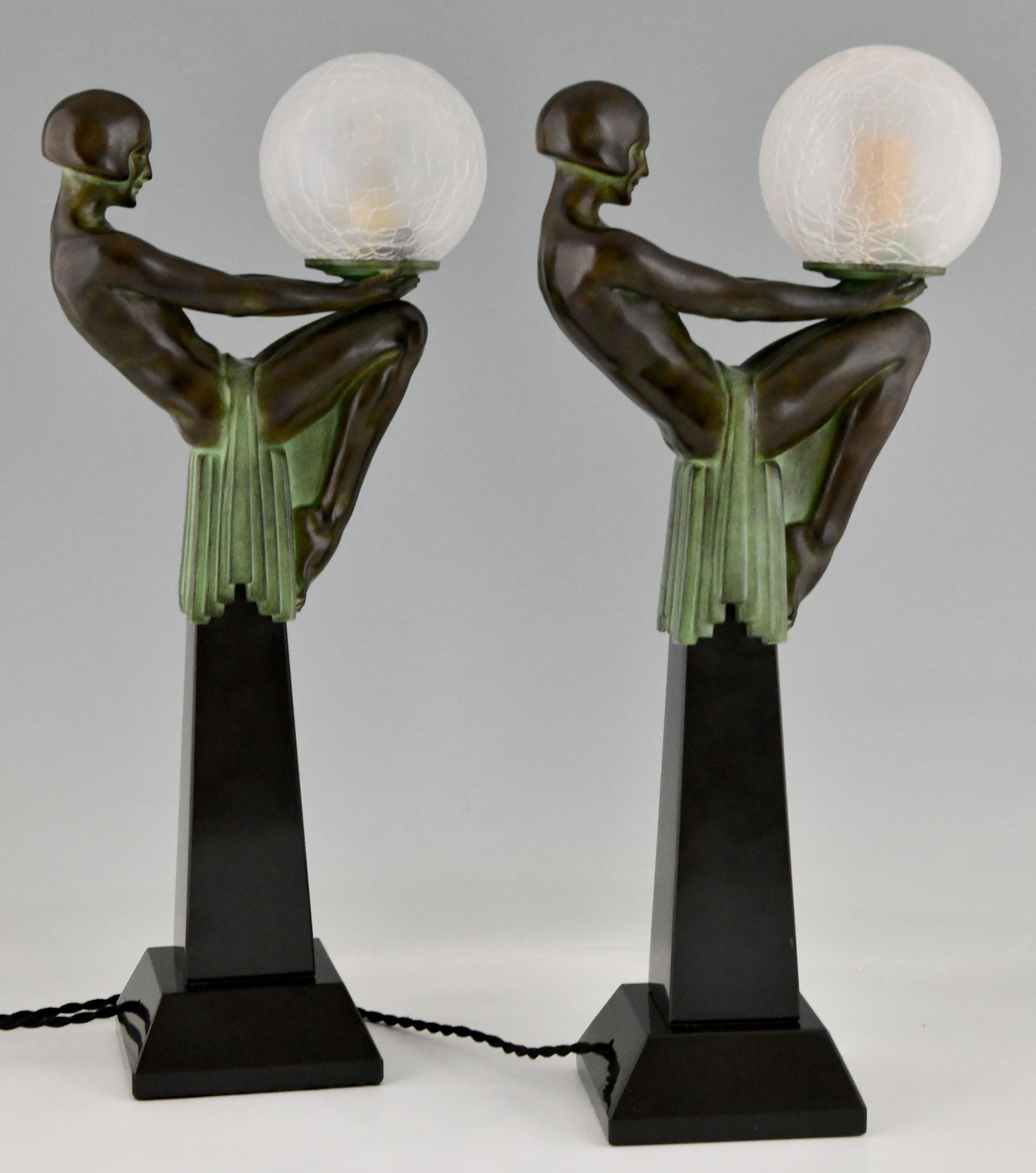 French Pair of Art Deco Style Table Lamp Seated Nude with Globe Max Le Verrier Enigma For Sale