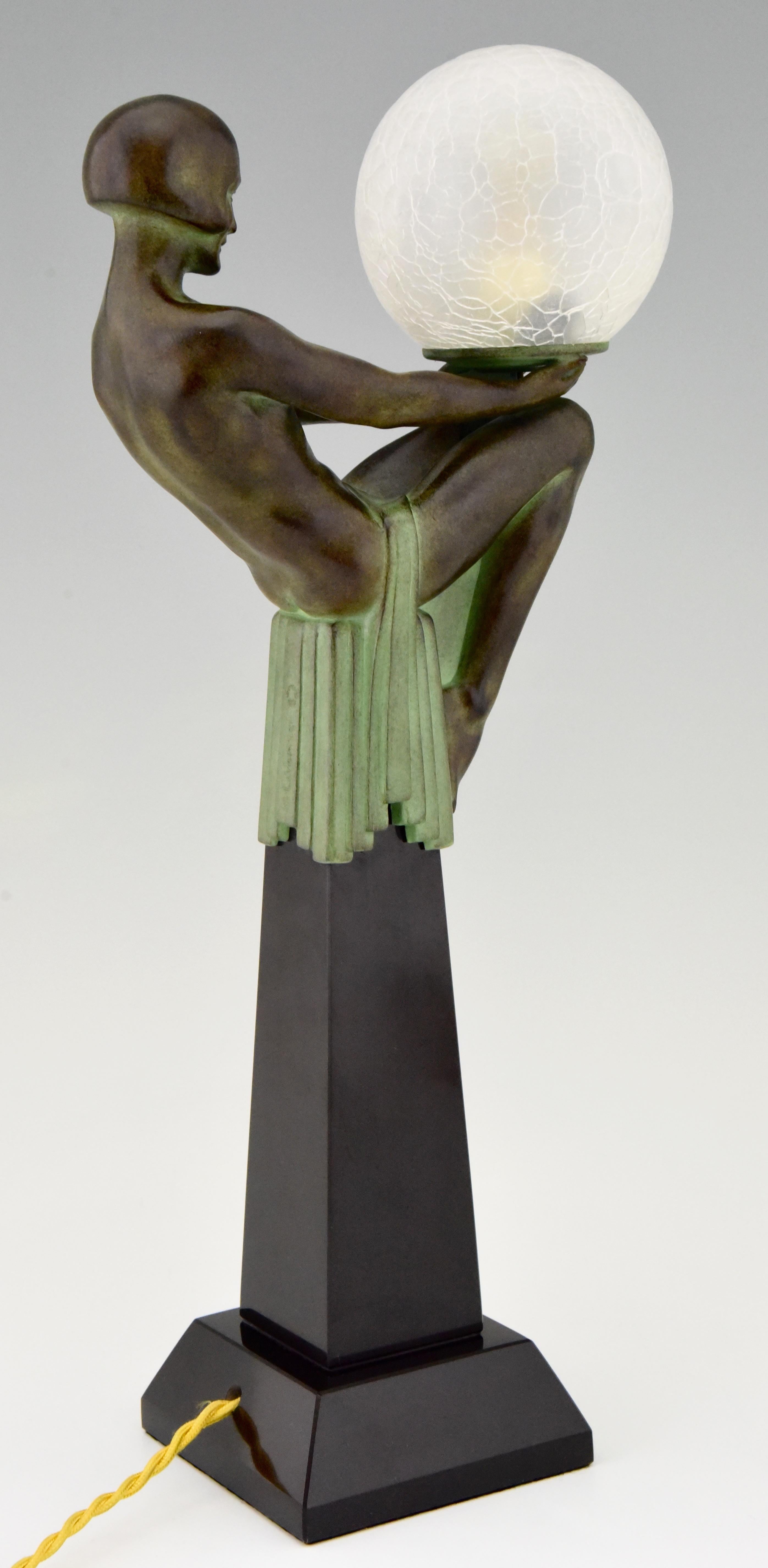 Metal Enigme Art Deco Style Table Lamp Seated Nude with Globe Max Le Verrier France For Sale