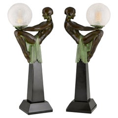 Pair of Art Deco Style Table Lamp Seated Nude with Globe Max Le Verrier Enigma
